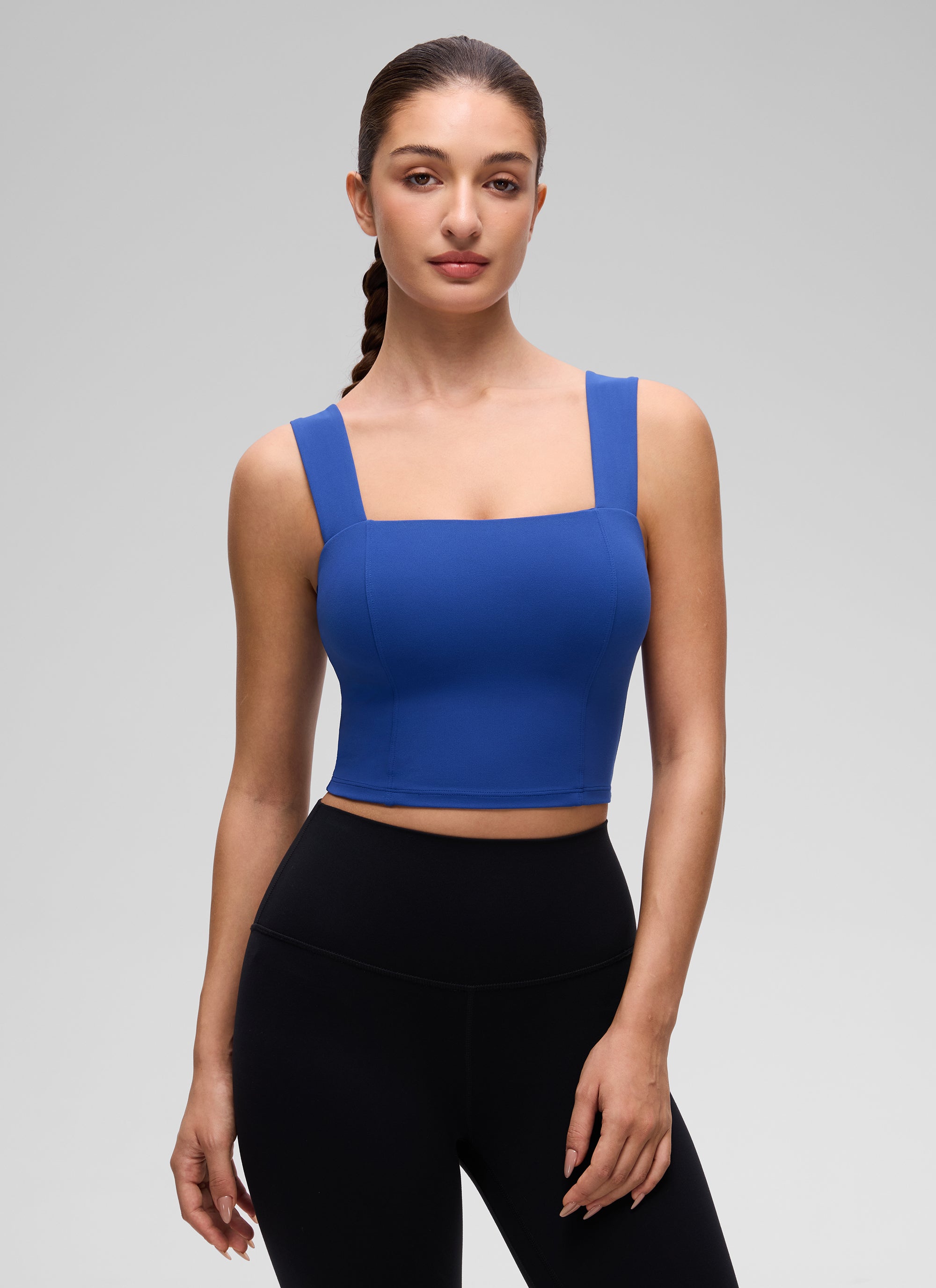 CRZ YOGA Women's Butterluxe Square Neck Crop Built in Bra Tank Waves Blue @model_info:Inga