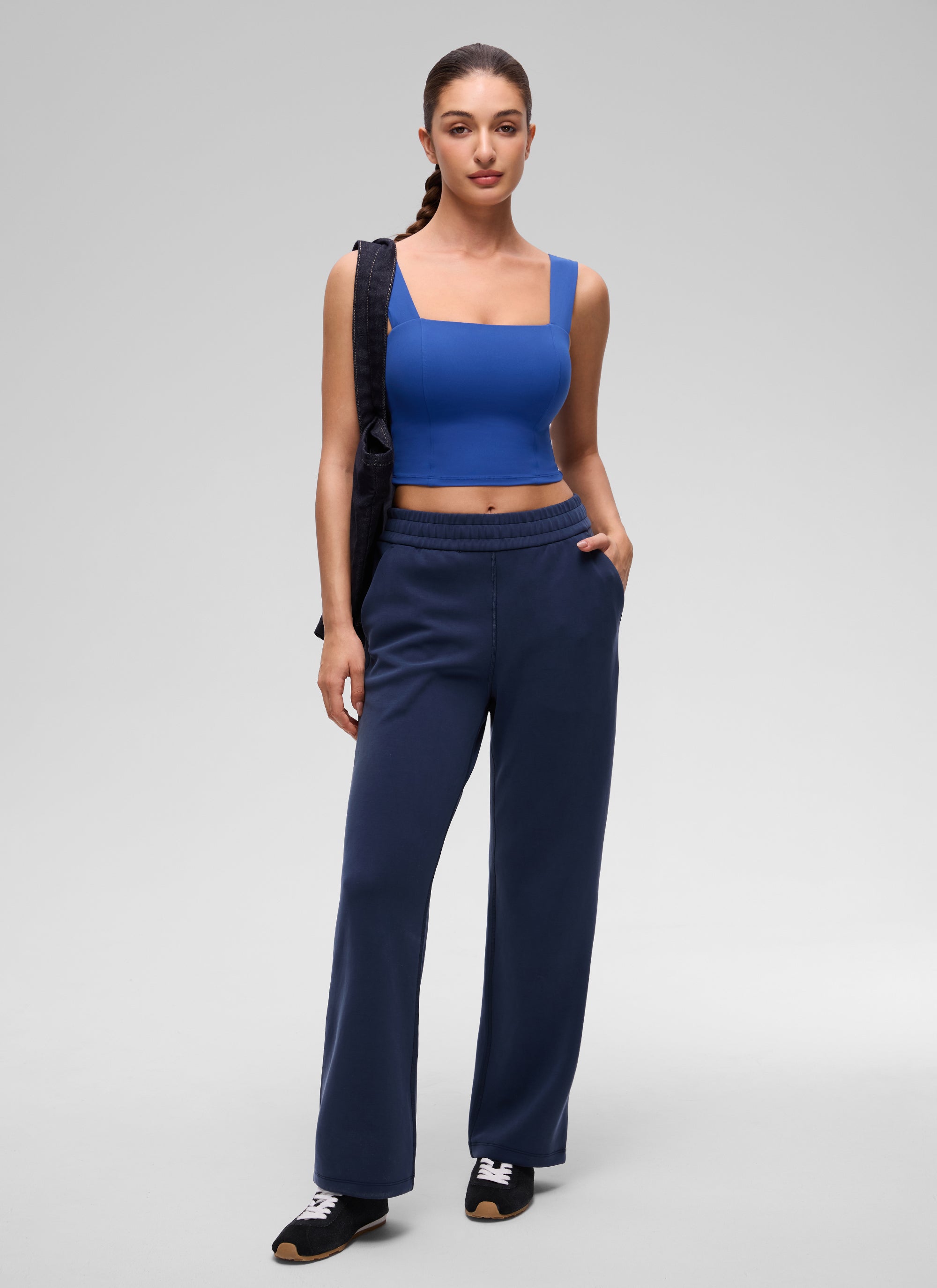 CRZ YOGA Women's Butterluxe Square Neck Crop Built in Bra Tank Waves Blue @model_info:Inga