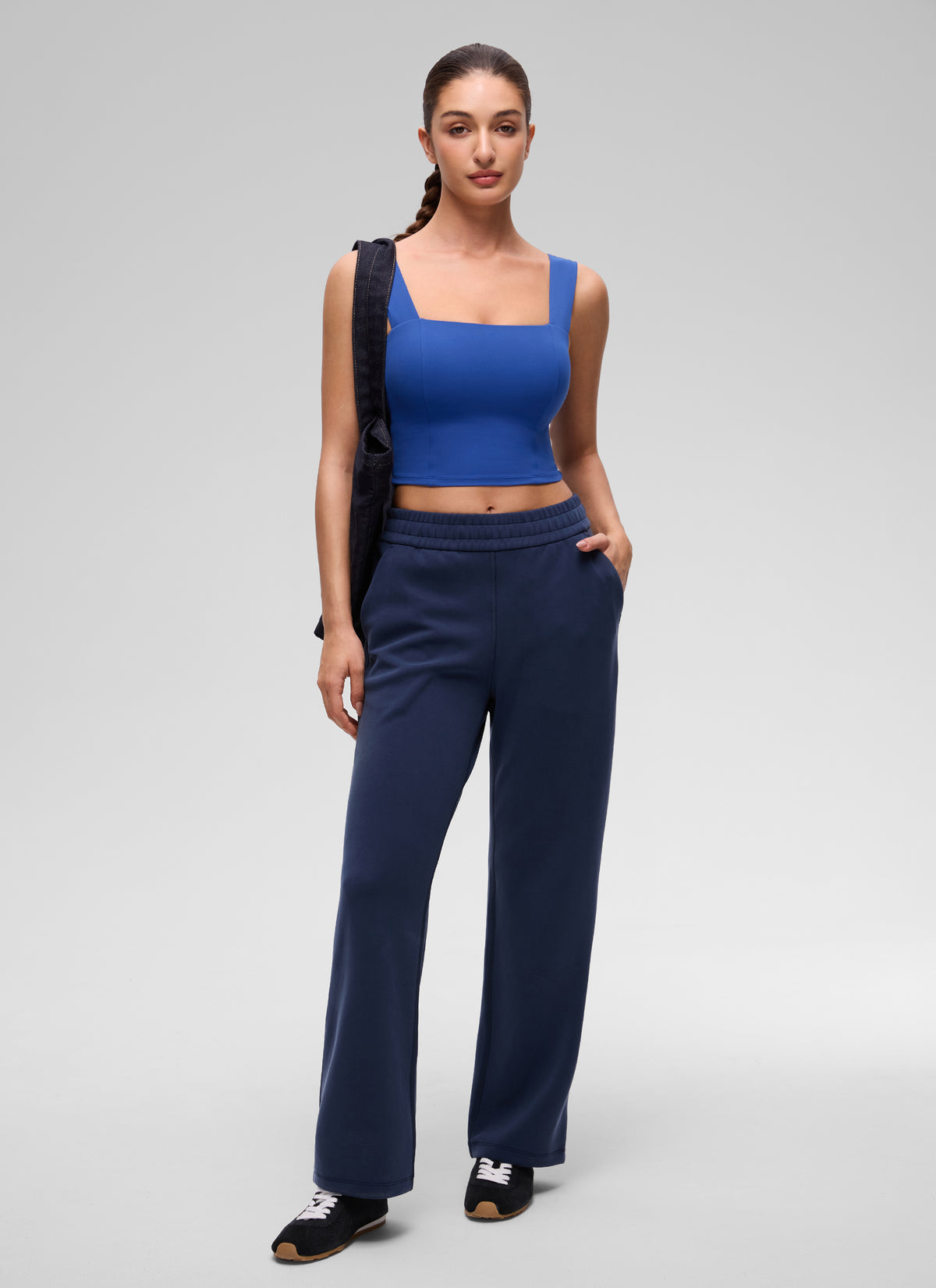 CRZ YOGA Women's Butterluxe Square Neck Crop Built in Bra Tank Waves Blue @model_info:Inga
