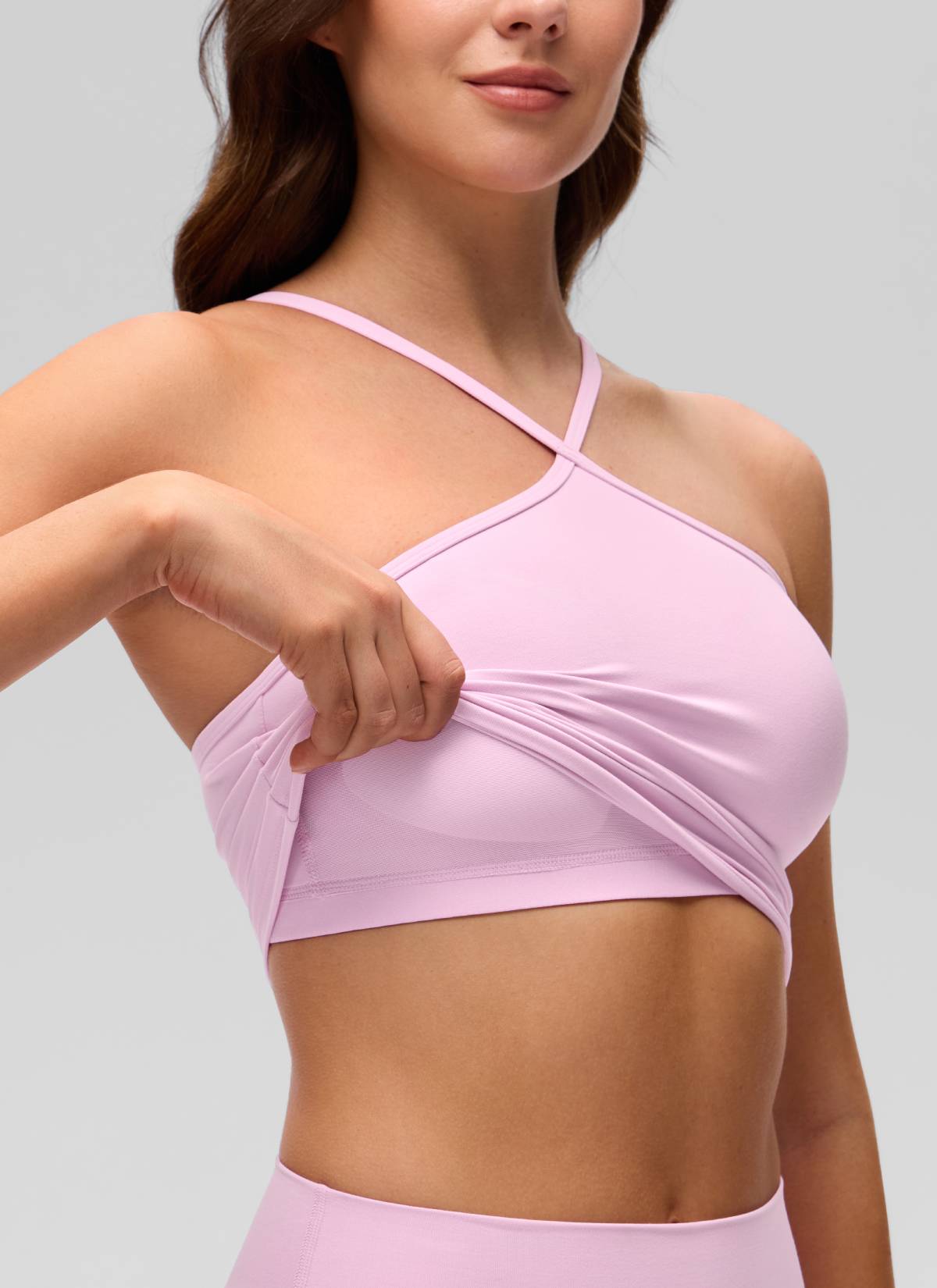 CRZ YOGA Women's Butterluxe Yoga Cross Halter Crop Built in Bra Tank Vita Pink @model_info:Gelya