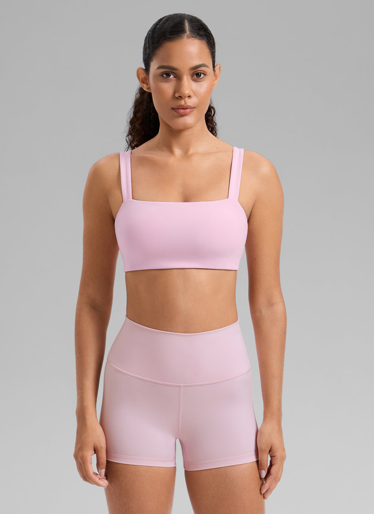 CRZ YOGA Women's Butterlift Workout Square Neck Built in Sports Bra Milk Pink @model_info:Gabi