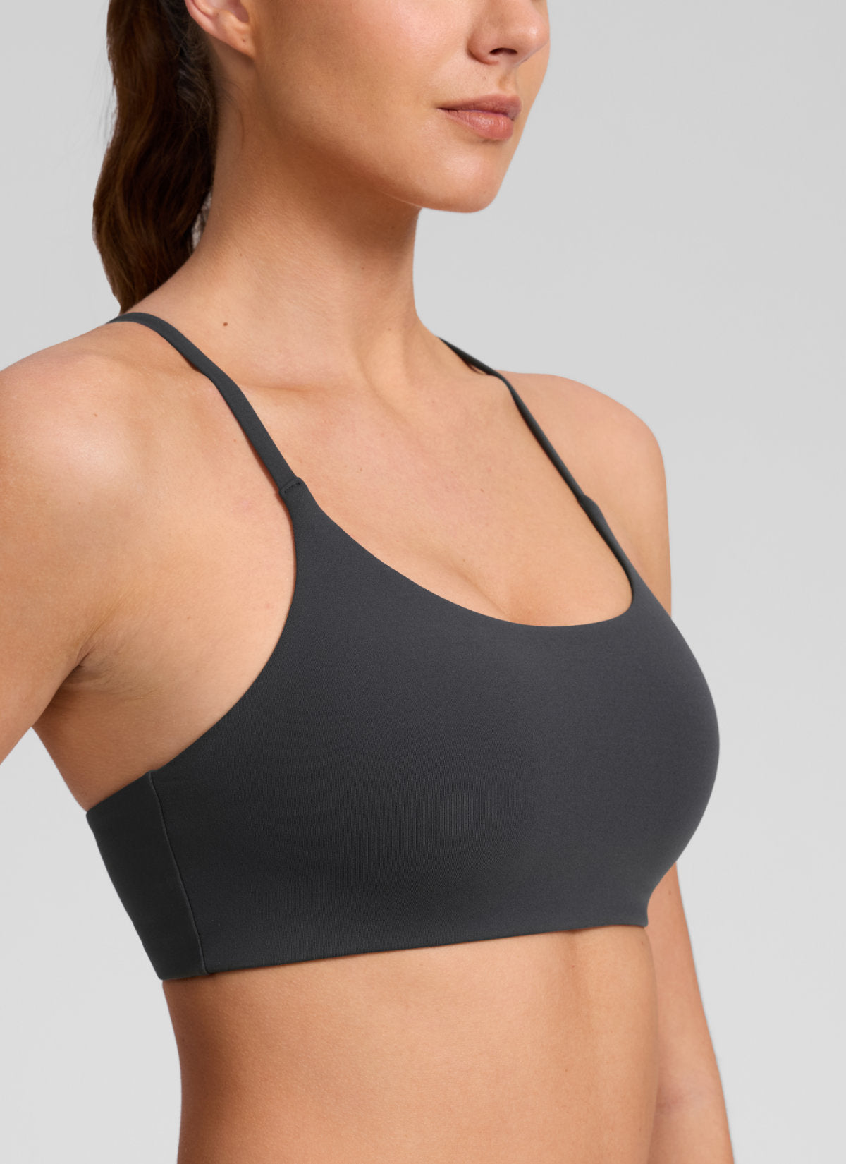 CRZ YOGA Women's Butterlift® Yoga V Back Double Lined Sports Bra Mysterious Grey @model_info:Gelya