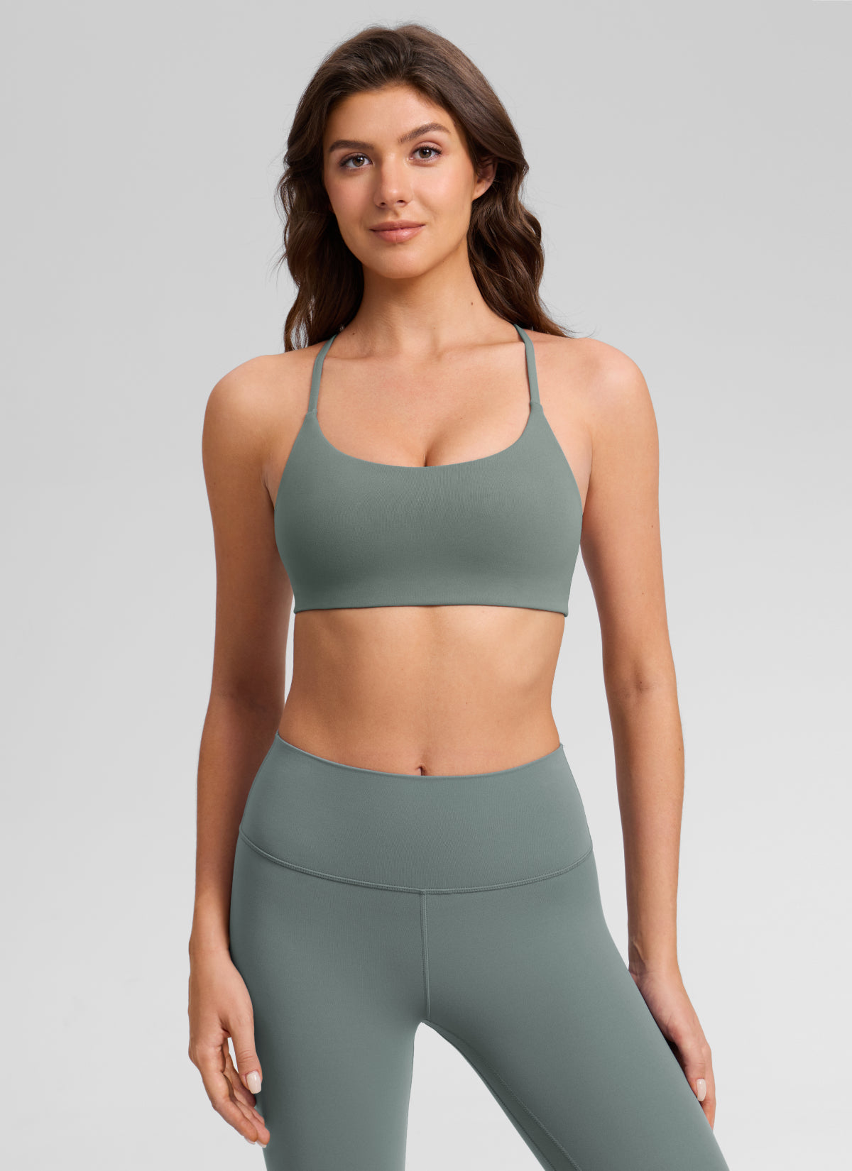 CRZ YOGA Women's Butterlift® Yoga V Back Double Lined Sports Bra Grey Sage @model_info:Gelya