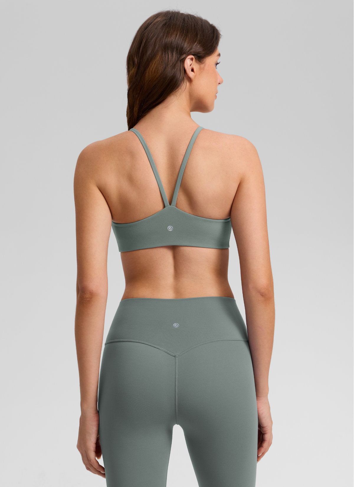 CRZ YOGA Women's Butterlift® Yoga V Back Double Lined Sports Bra Grey Sage @model_info:Gelya