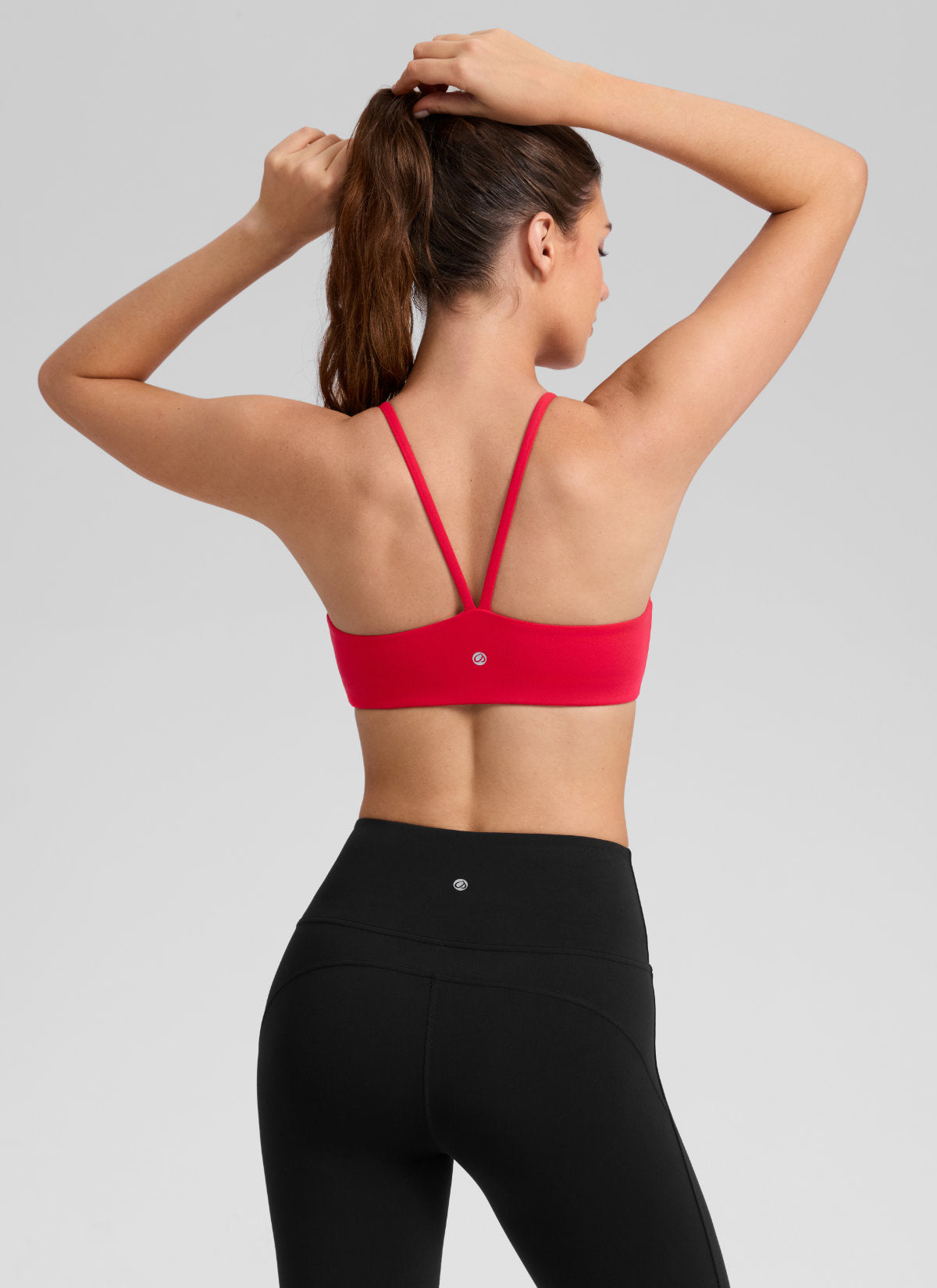 CRZ YOGA Women's Butterlift® Yoga V Back Double Lined Sports Bra Aurora Red @model_info:Gelya