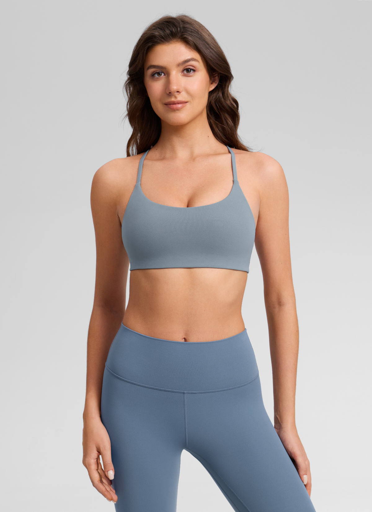 CRZ YOGA Women's Butterlift® Yoga V Back Double Lined Sports Bra Belgian Blue @model_info:Gelya