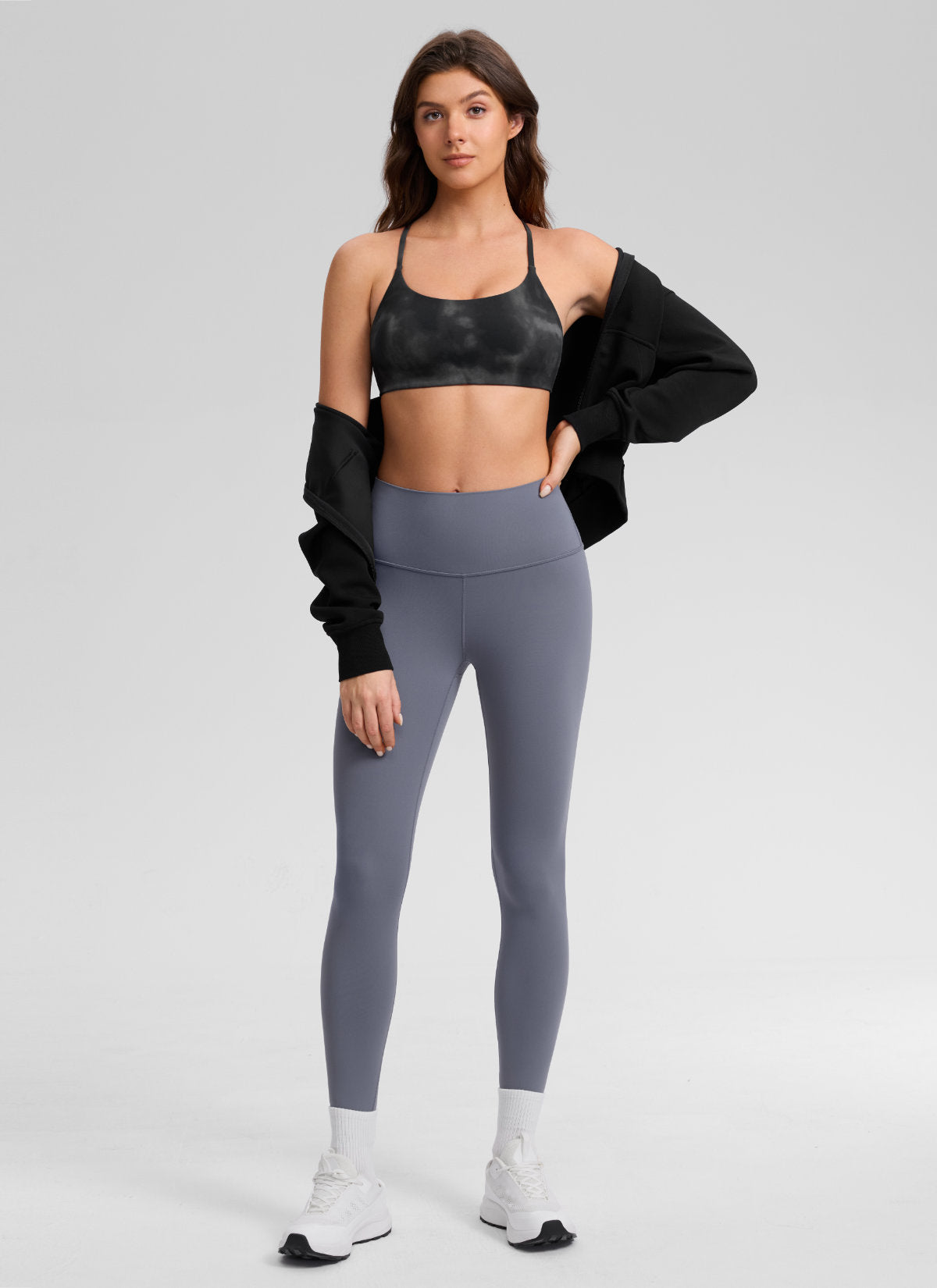 CRZ YOGA Women's Butterlift® Yoga V Back Double Lined Sports Bra Grey Tie Dye Flowers @model_info:Gelya