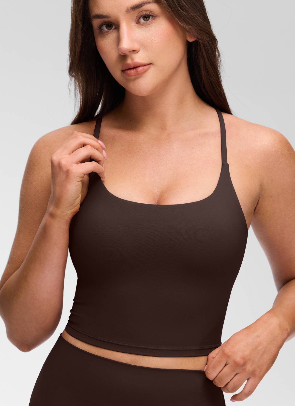 CRZ YOGA Women's Butterluxe U Neck Twist Cross Back Built in Bra Tank Hot Fudge Brown