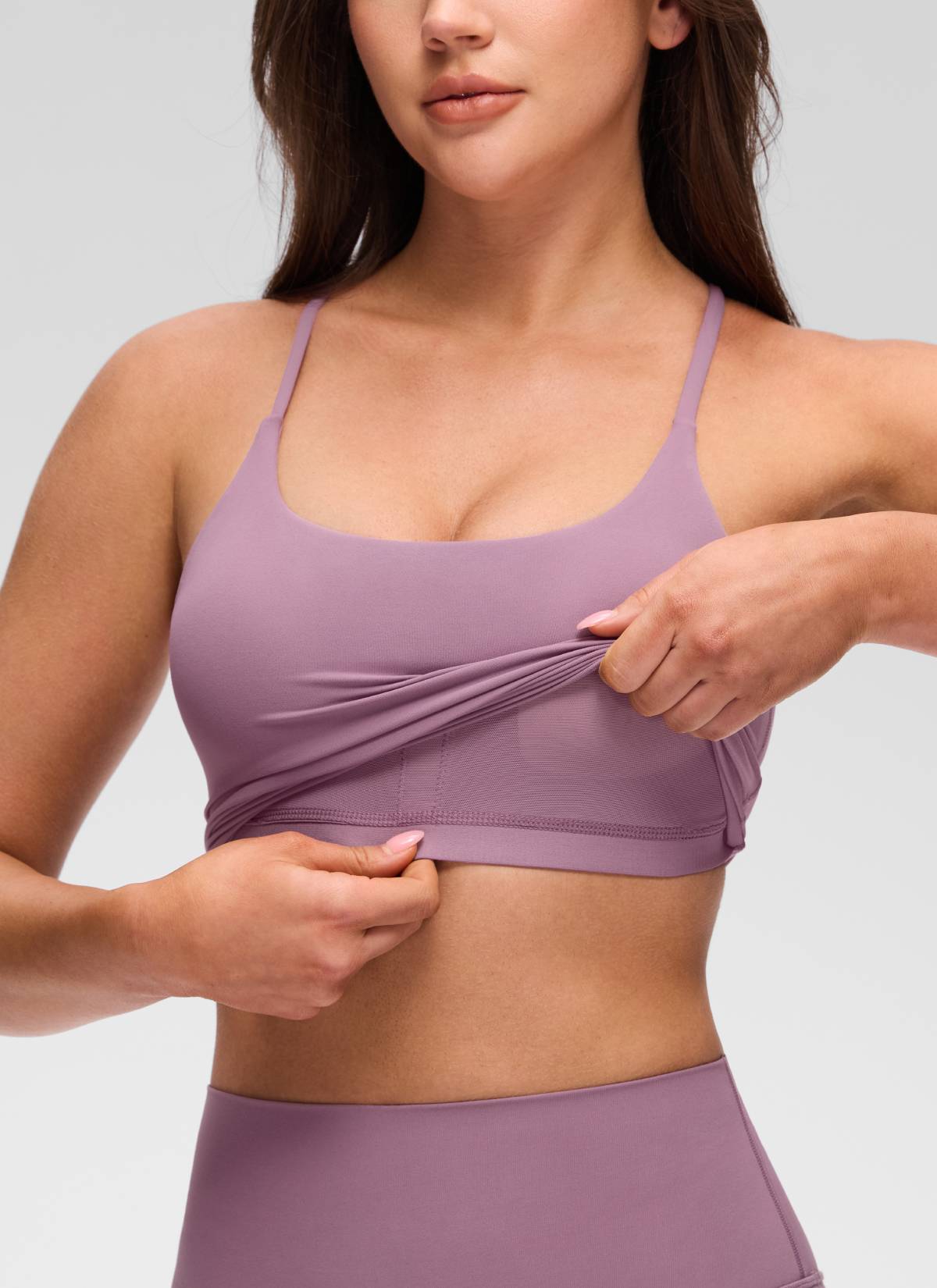 CRZ YOGA Women's Butterluxe U Neck Twist Cross Back Built in Bra Tank Light Lavender