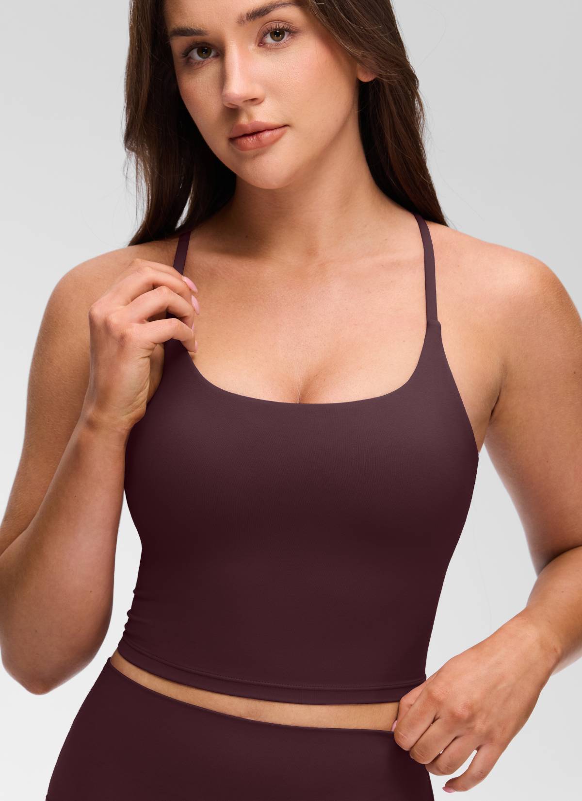 CRZ YOGA Women's Butterluxe U Neck Twist Cross Back Built in Bra Tank Ripe Plum
