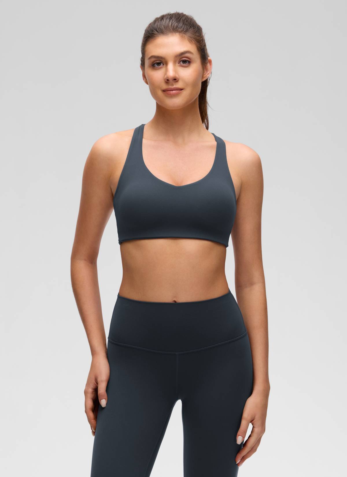 CRZ YOGA Women's Butterluxe Yoga V Neck Strappy Back Sports Bra True Navy @model_info:Gelya