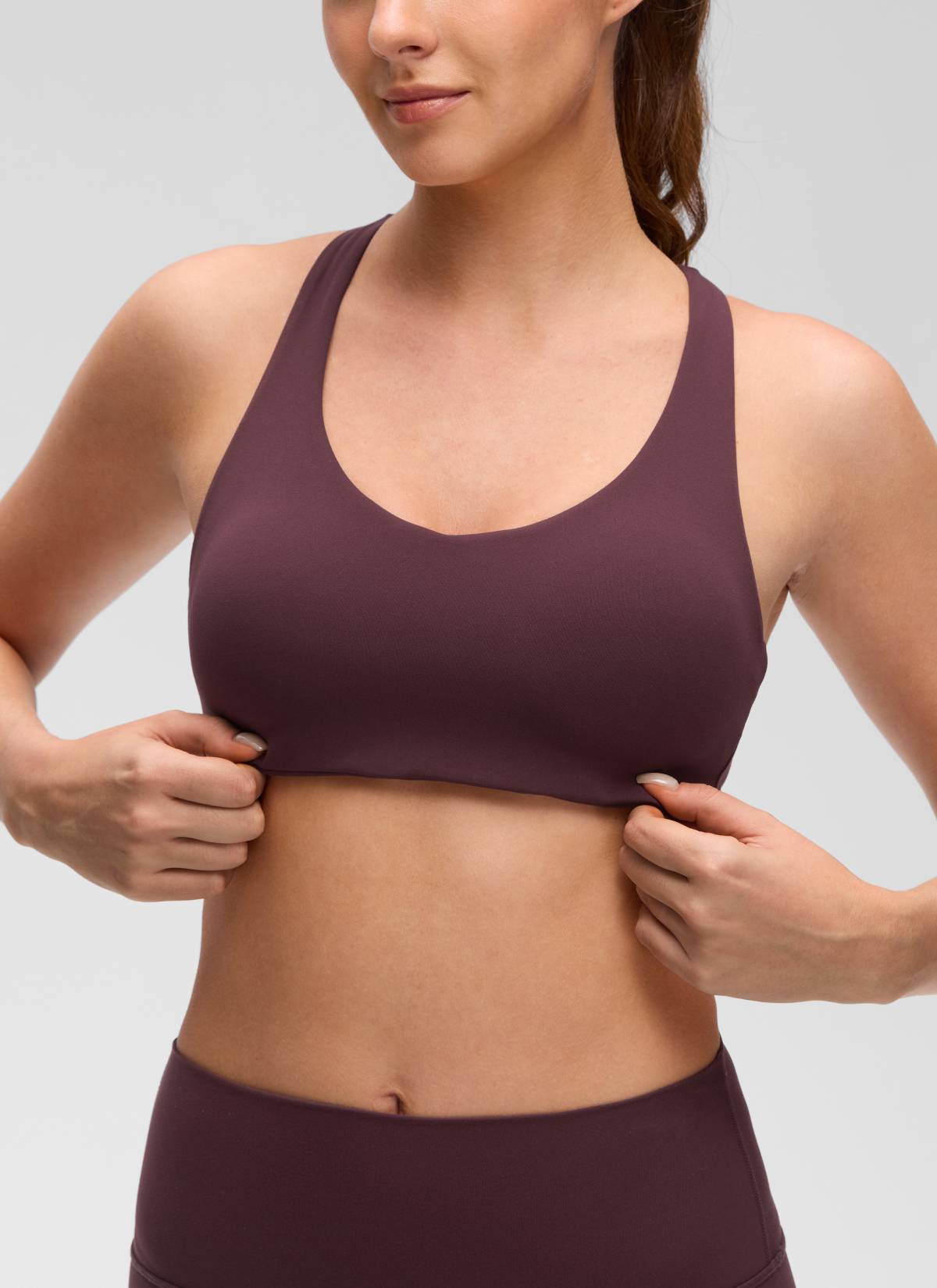CRZ YOGA Women's Butterluxe Yoga V Neck Strappy Back Sports Bra Ripe Plum @model_info:Gelya