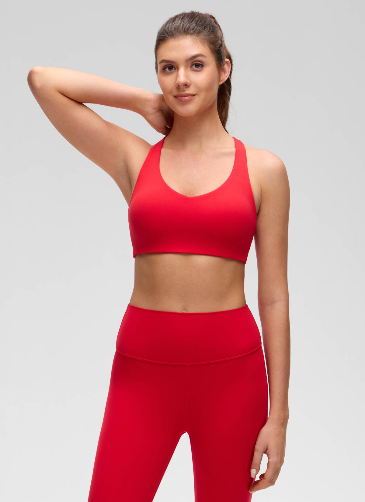 CRZ YOGA Women's Butterluxe Yoga V Neck Strappy Back Sports Bra Aurora Red @model_info:Gelya