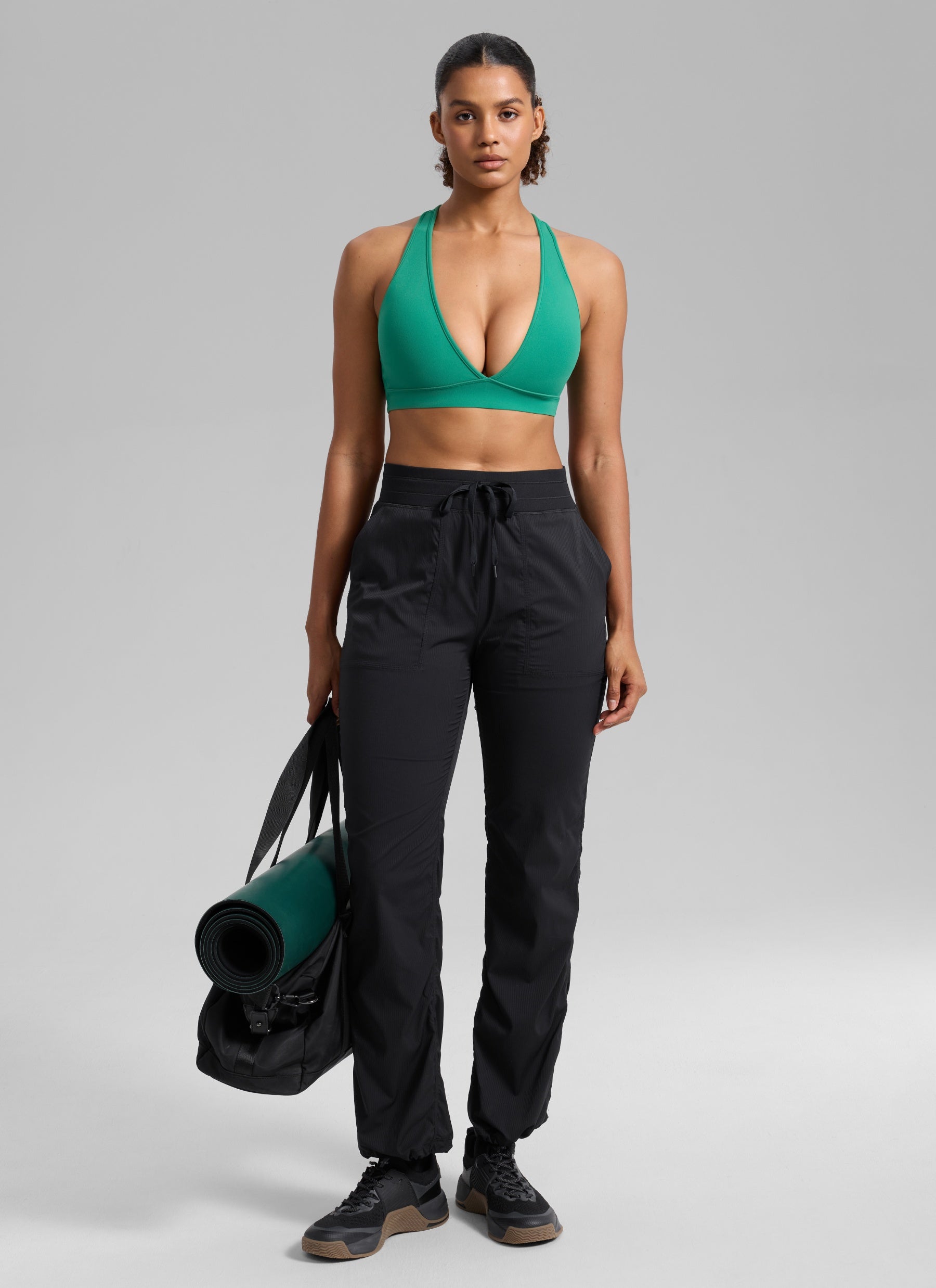 CRZ YOGA Women's Butterlift® Workout Deep V Neck Cross Back Sports Bra Cascadia Green @model_info:Barbara