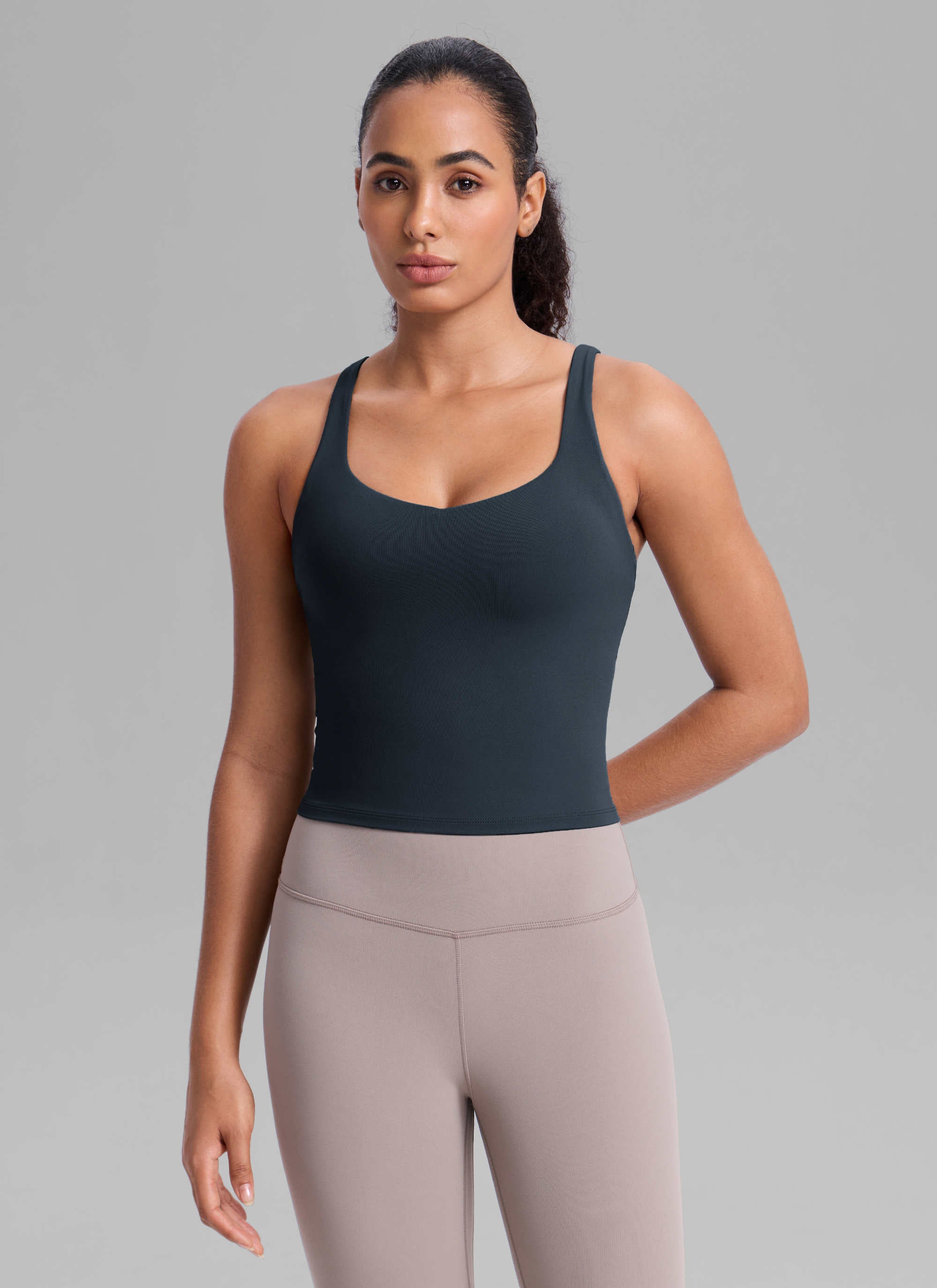 CRZ YOGA Women's Butterlift Workout V Neck Racerback Built in Bra Tank True Navy @model_info:Nicole