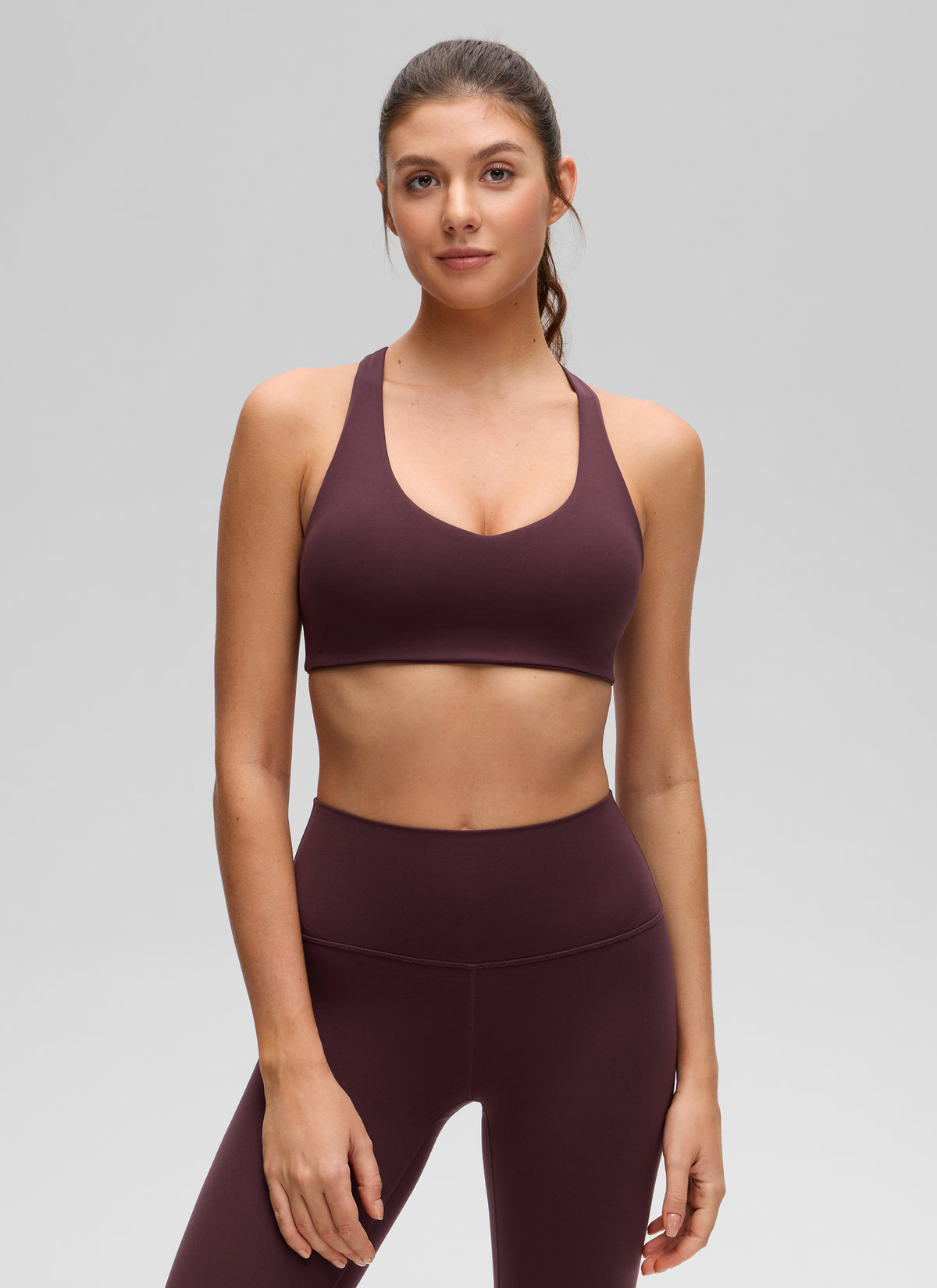 CRZ YOGA Women's Butterluxe Yoga V Neck RacerBack Build in Sports Bra Ripe Plum @model_info:Gelya
