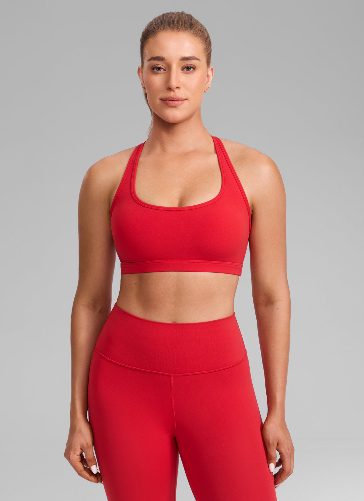 CRZ YOGA Women's Butterlift Yoga U Neck Racerback Keyhole Sports Bra Aurora Red @model_info:Julia