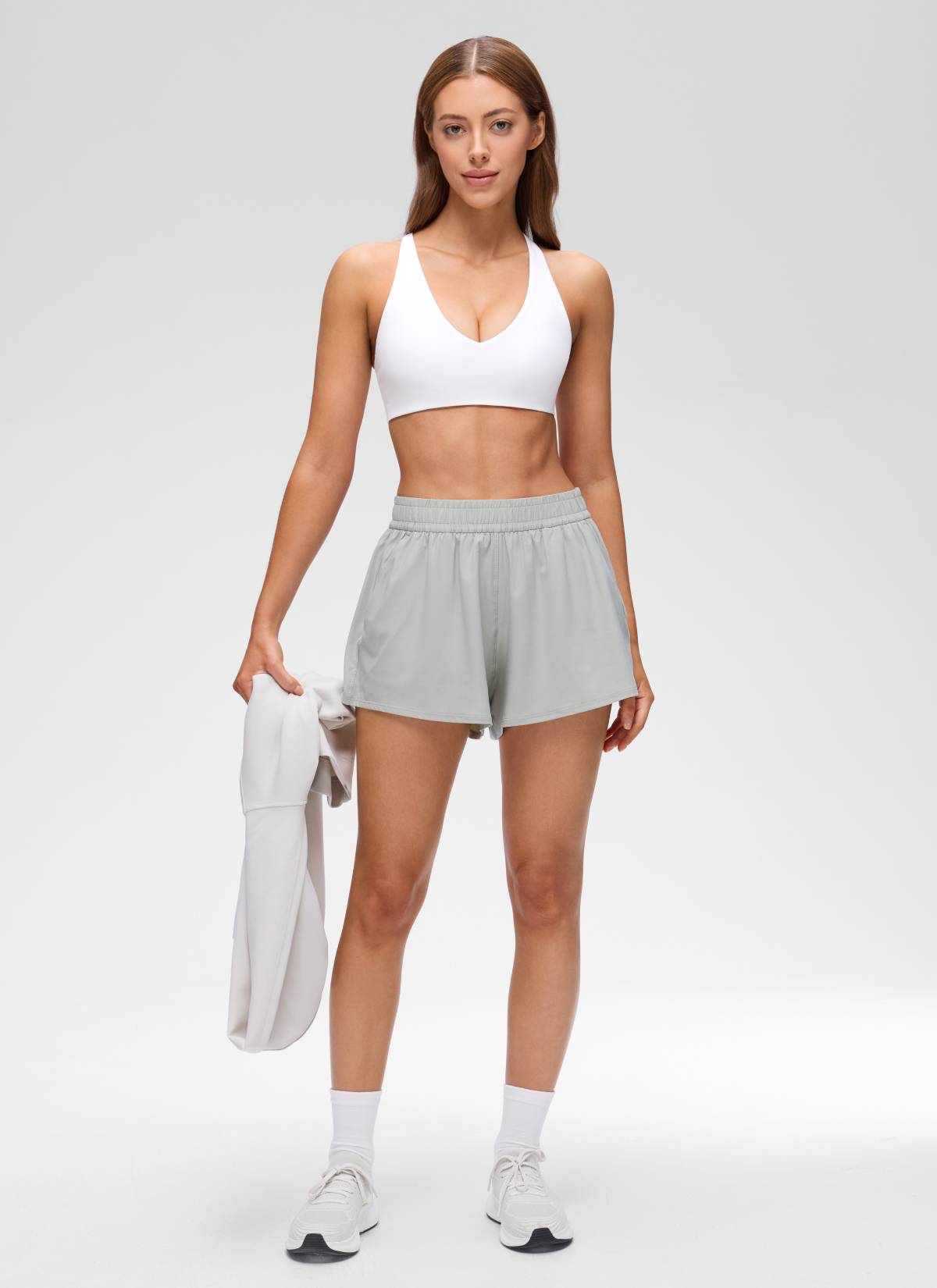 CRZ YOGA Women's Butterluxe Yoga V Neck Twist Cross Back Sports Bra White @model_info:Lary