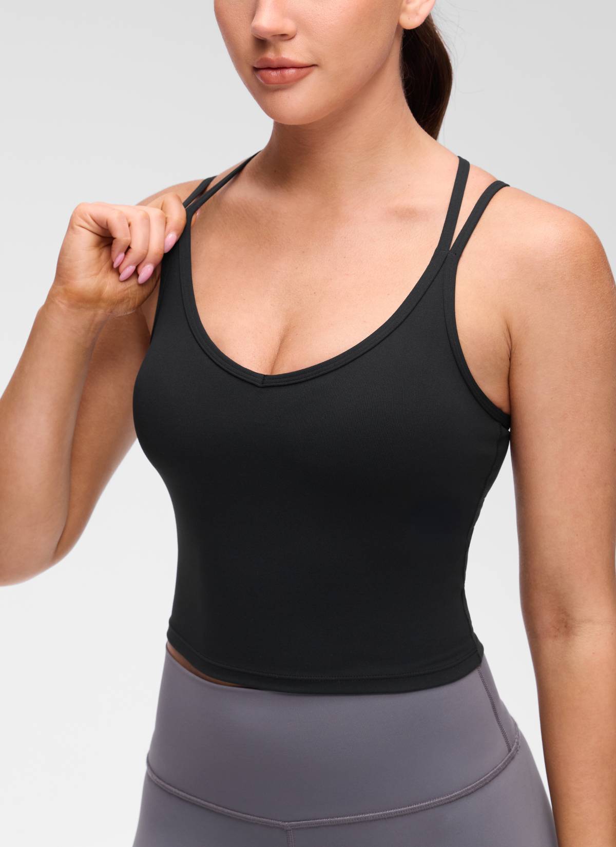 CRZ YOGA Women's Butterluxe Yoga V Neck Cross Back Built in Bra Tank Black @model_info:Brooklyn