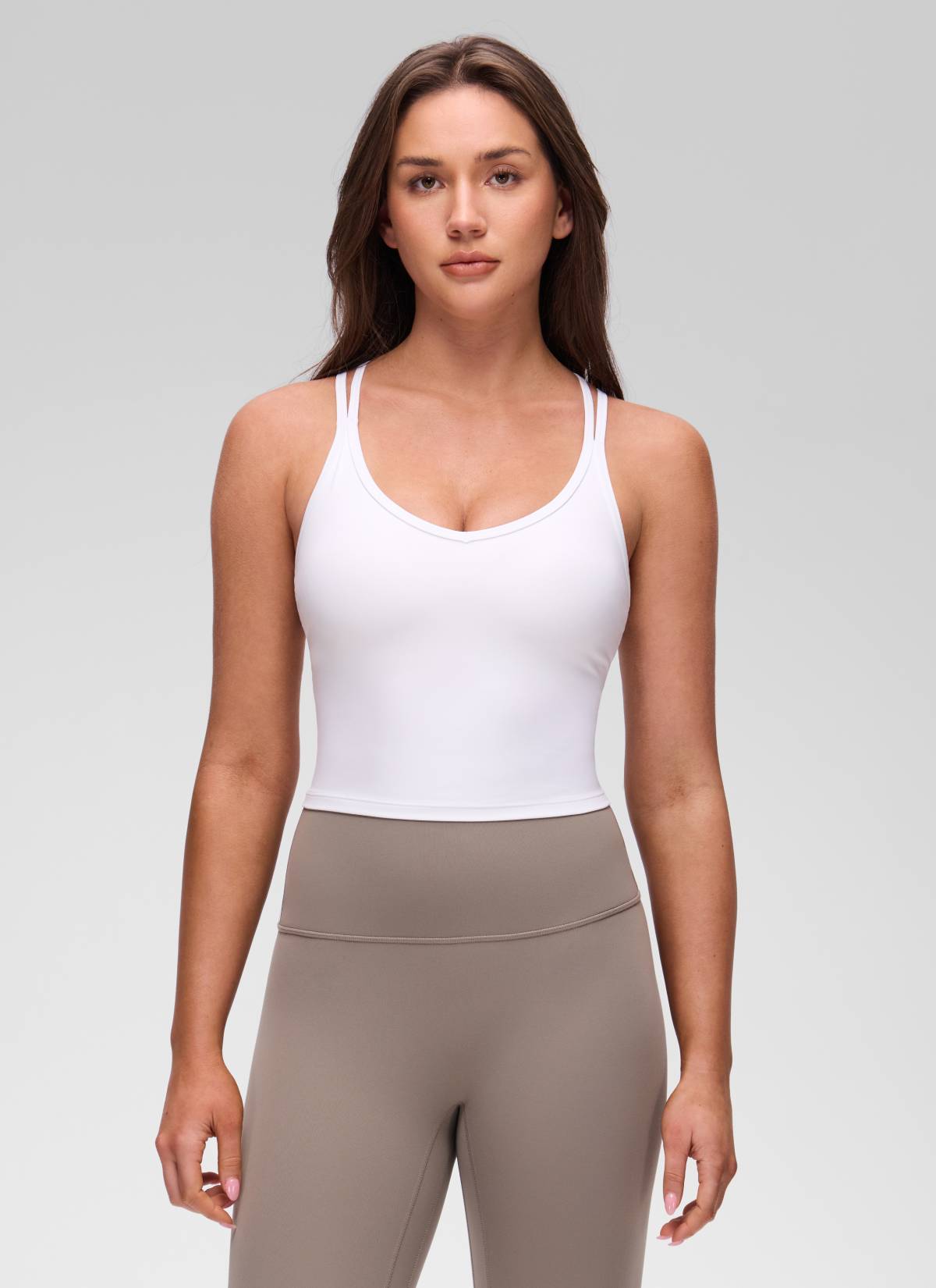 CRZ YOGA Women's Butterluxe Yoga V Neck Cross Back Built in Bra Tank White @model_info:Brooklyn