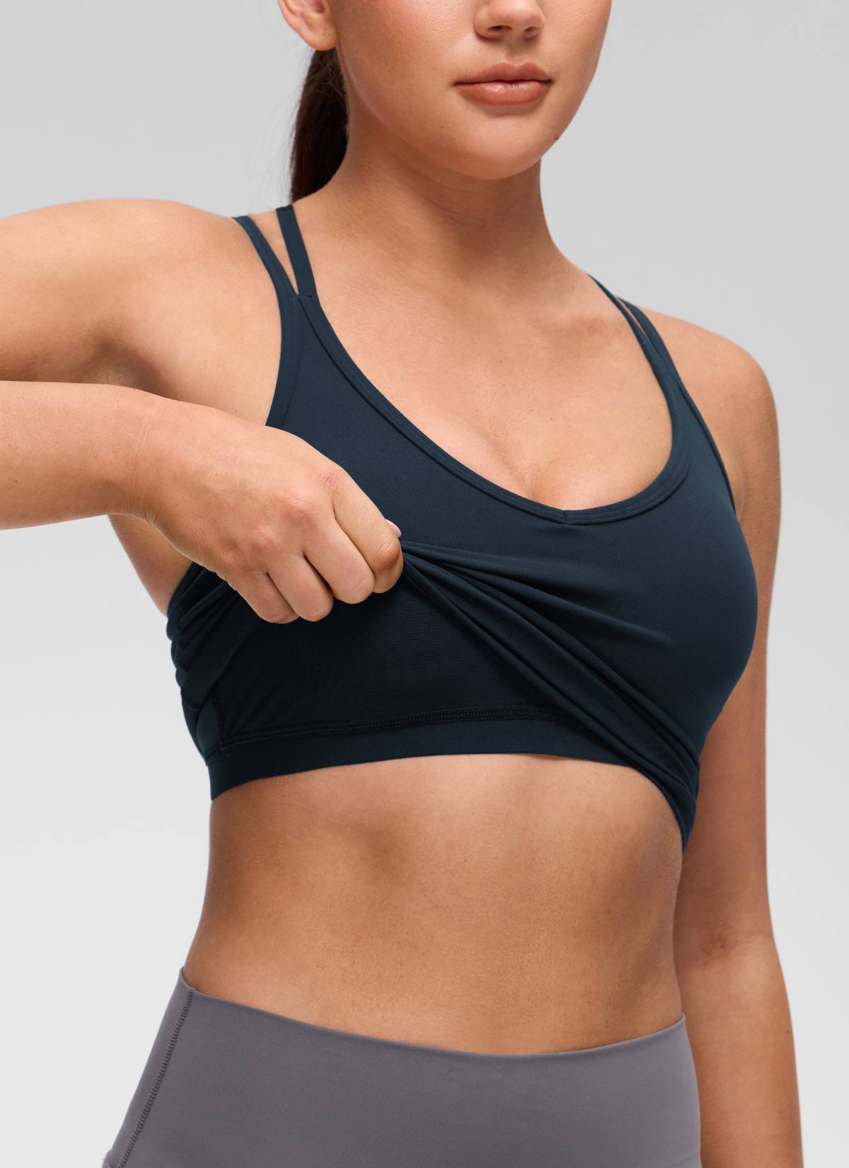 CRZ YOGA Women's Butterluxe Yoga V Neck Cross Back Built in Bra Tank True Navy @model_info:Brooklyn