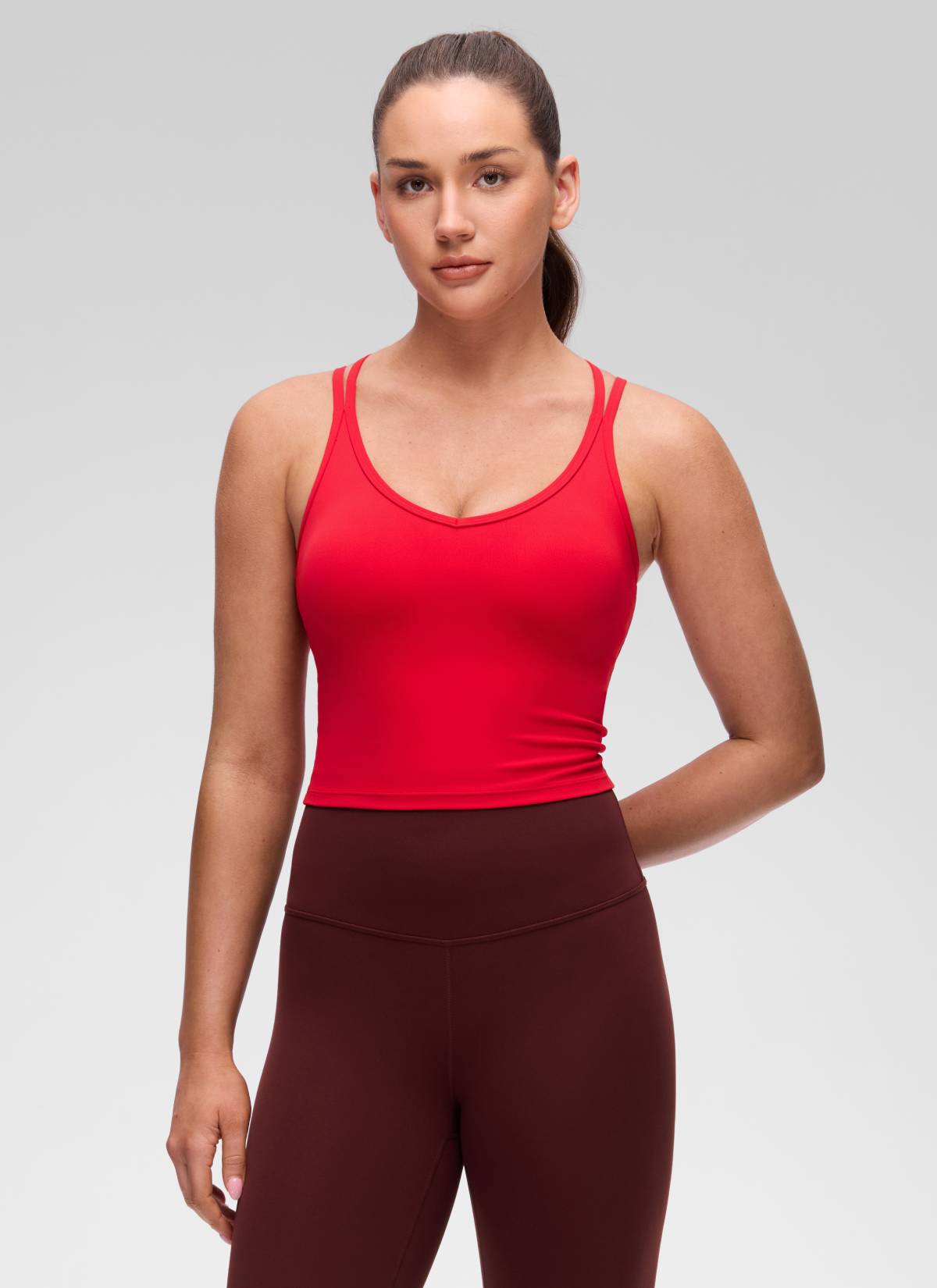 CRZ YOGA Women's Butterluxe Yoga V Neck Cross Back Built in Bra Tank Aurora Red @model_info:Brooklyn