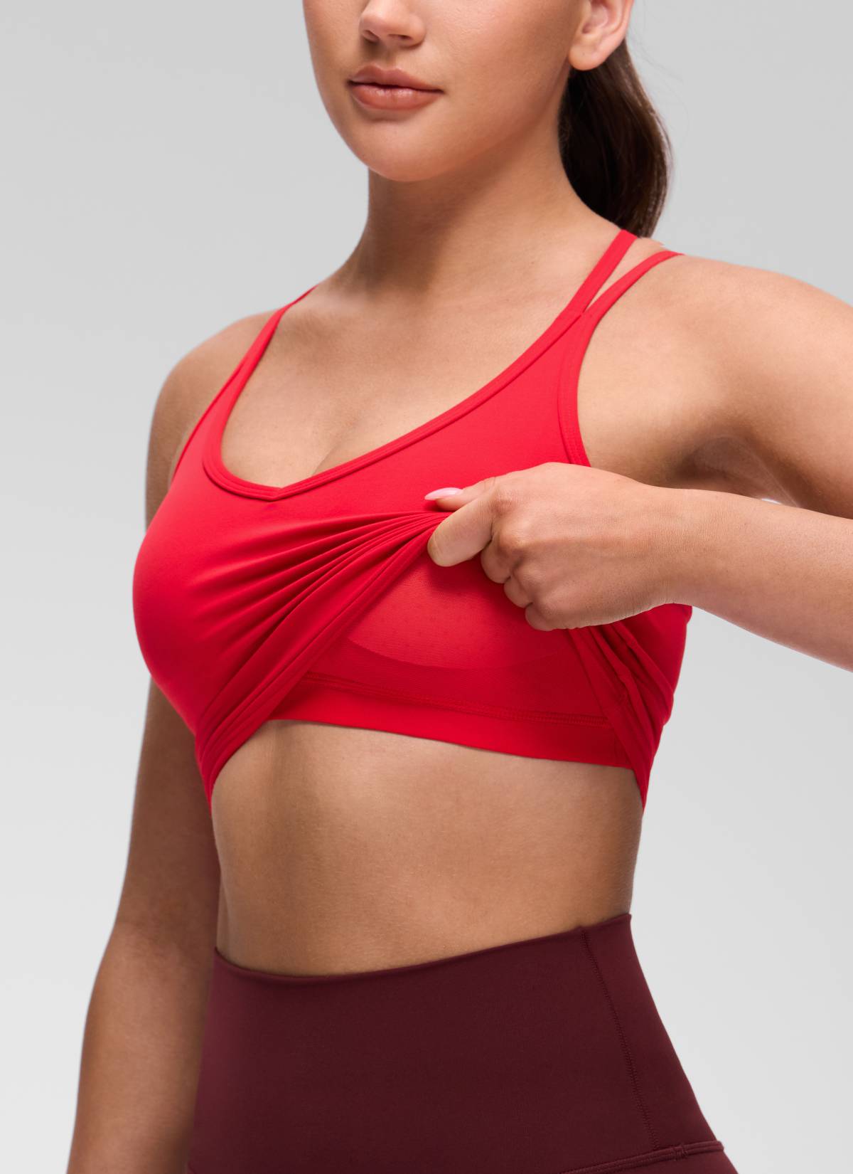 CRZ YOGA Women's Butterluxe Yoga V Neck Cross Back Built in Bra Tank Aurora Red @model_info:Brooklyn