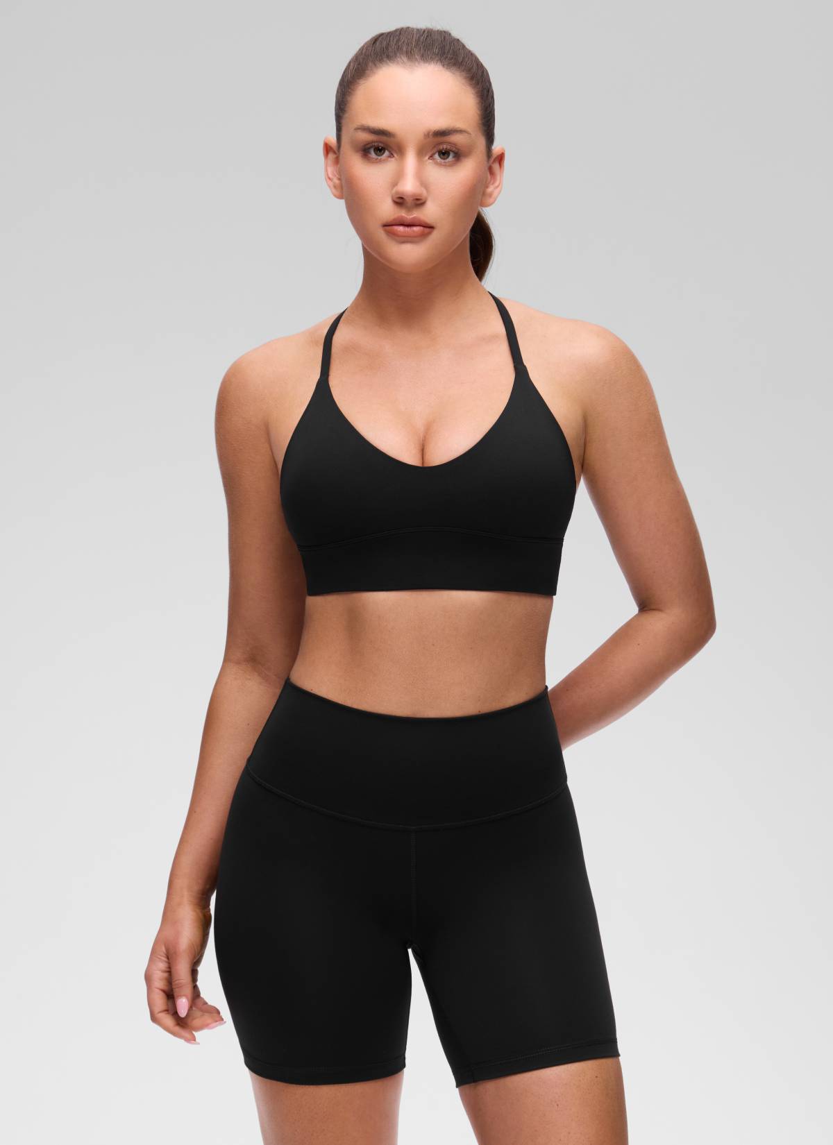 CRZ YOGA Women's Butterluxe Yoga V Neck Cross Back Longline Sports Bra Black @model_info:Brooklyn