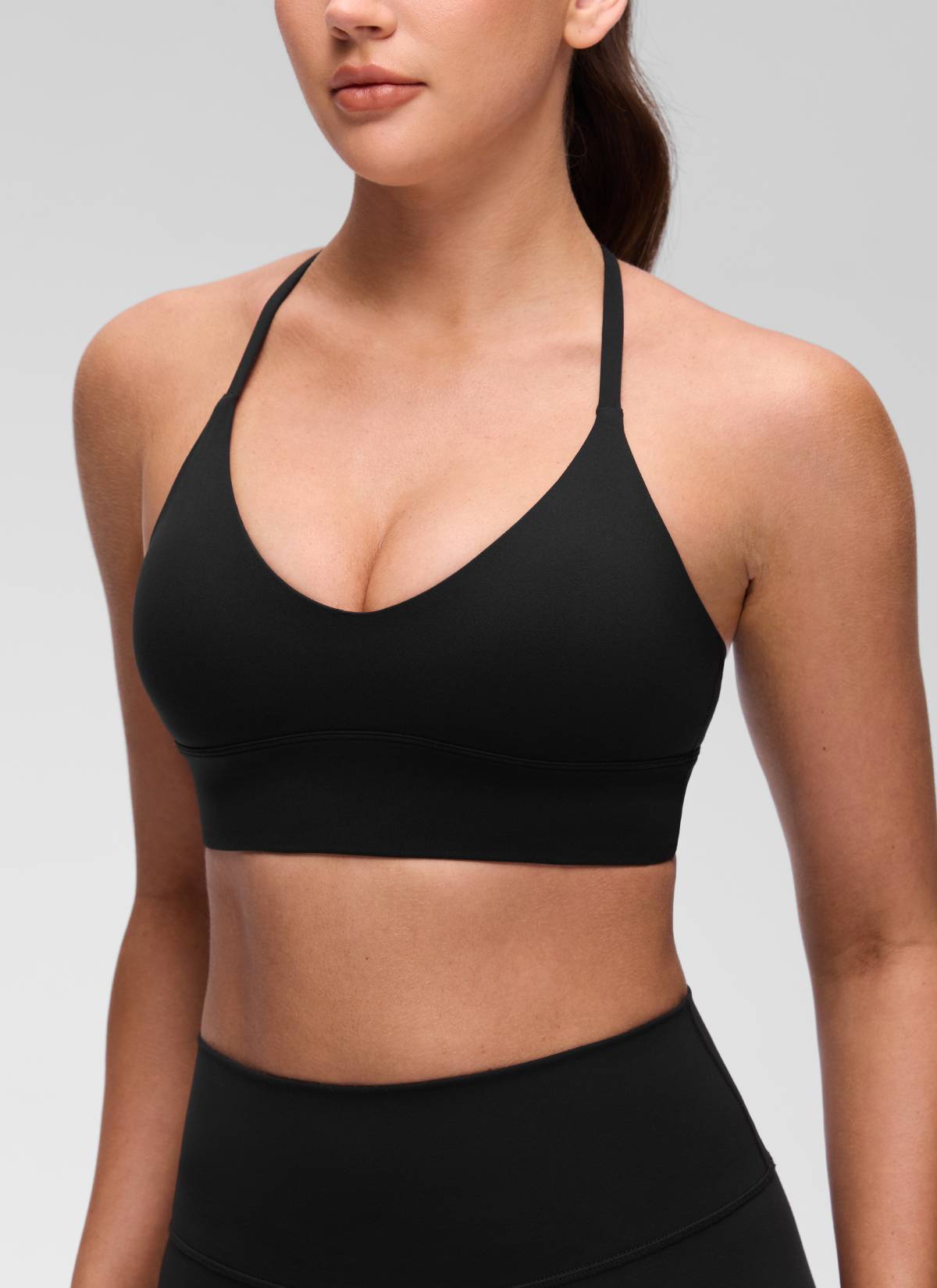 CRZ YOGA Women's Butterluxe Yoga V Neck Cross Back Longline Sports Bra Black @model_info:Brooklyn