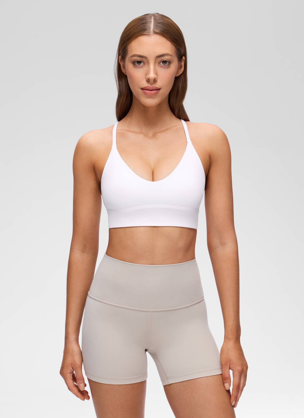 CRZ YOGA Women's Butterluxe Yoga V Neck Cross Back Longline Sports Bra White @model_info:Lary