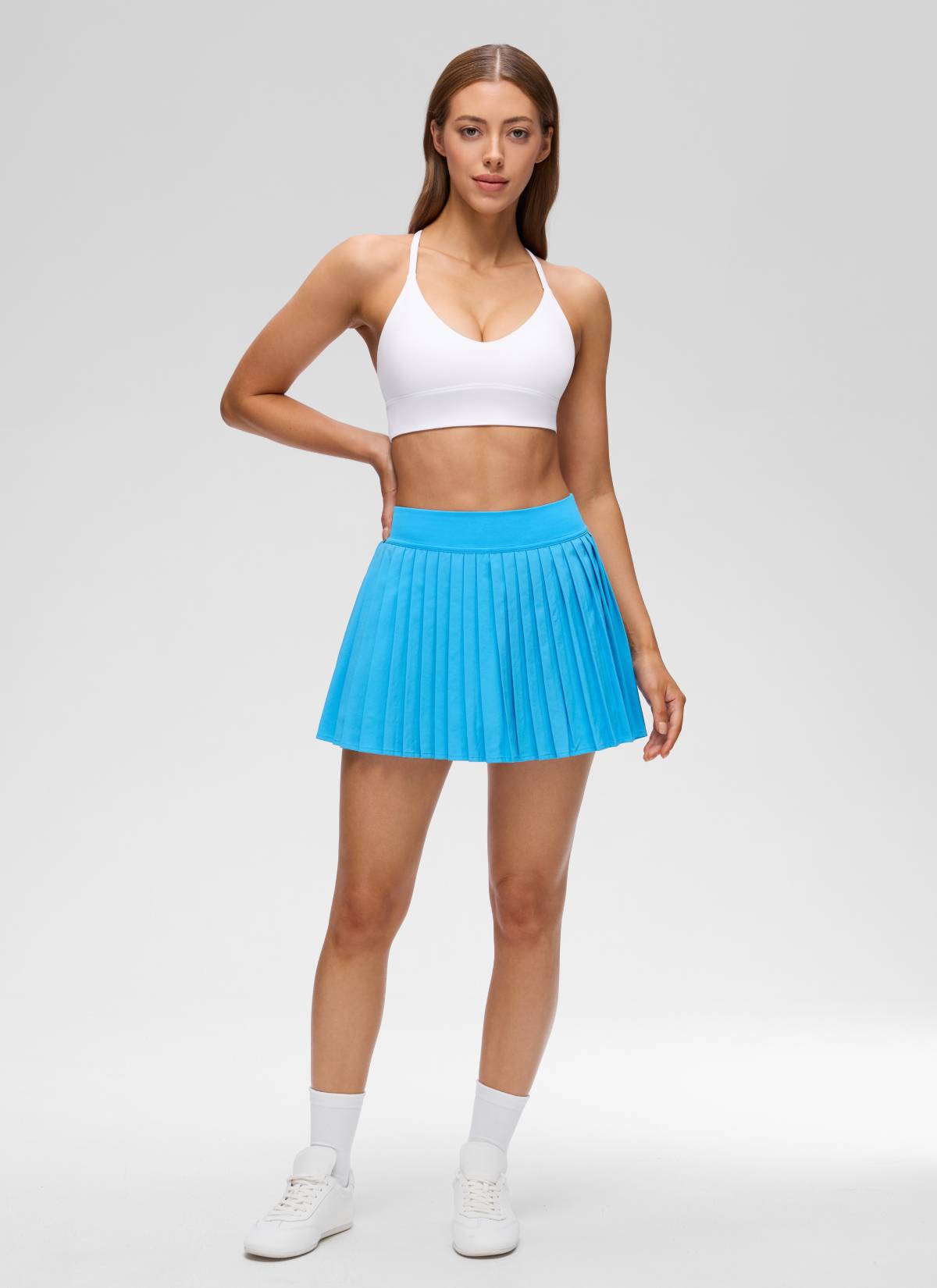 CRZ YOGA Women's Butterluxe Yoga V Neck Cross Back Longline Sports Bra White @model_info:Lary
