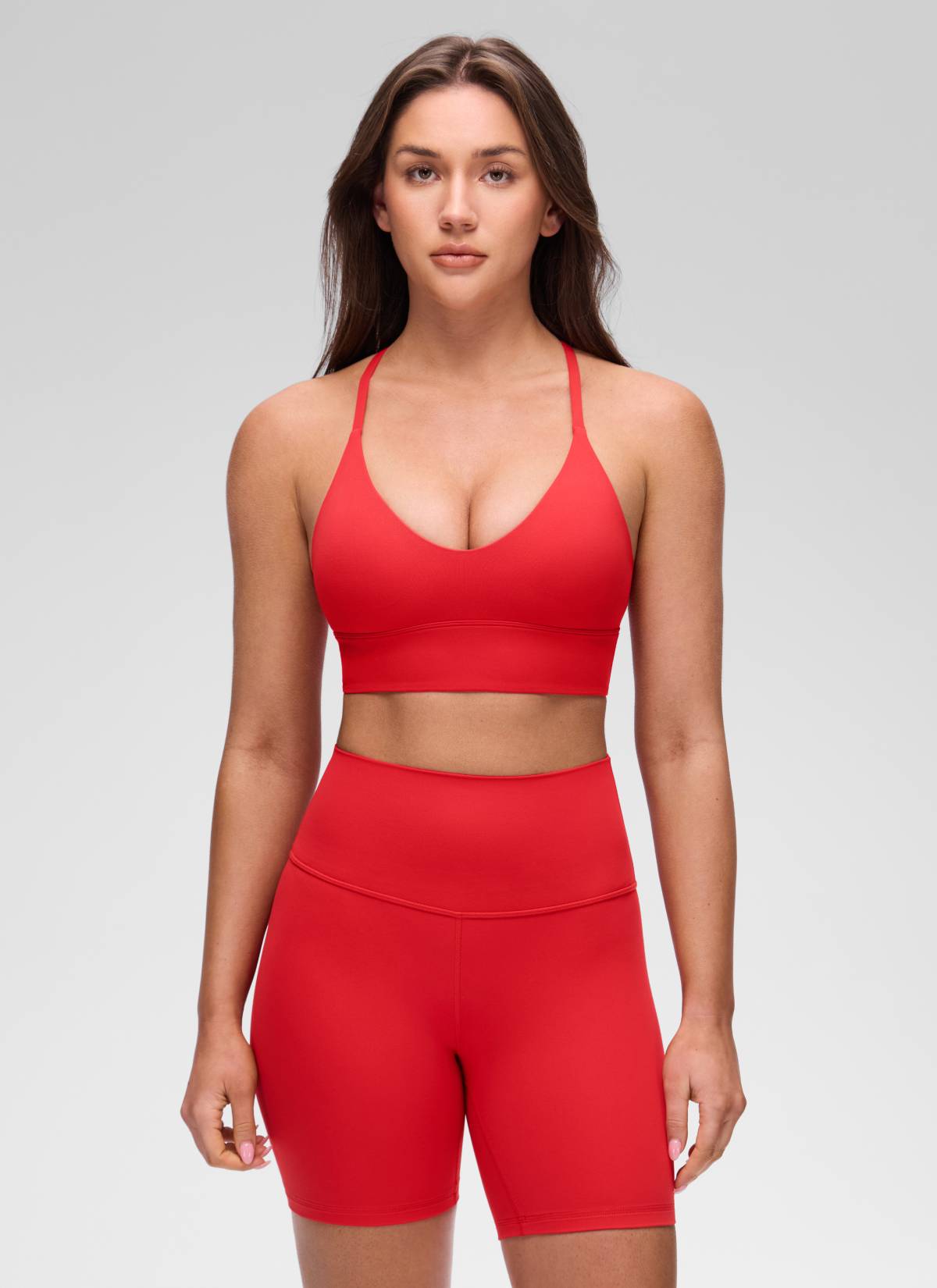 CRZ YOGA Women's Butterluxe Yoga V Neck Cross Back Longline Sports Bra Deep Red @model_info:Brooklyn