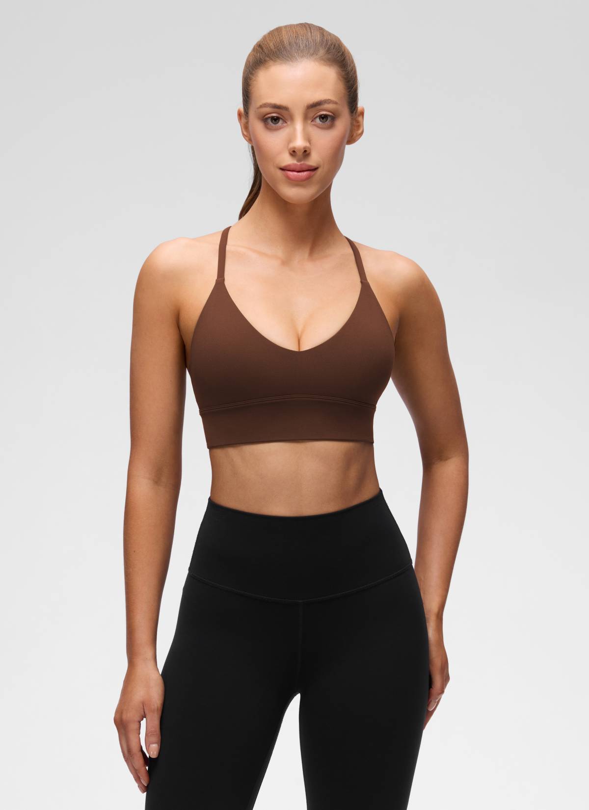 CRZ YOGA Women's Butterluxe Yoga V Neck Cross Back Longline Sports Bra Lava Brown @model_info:Lary
