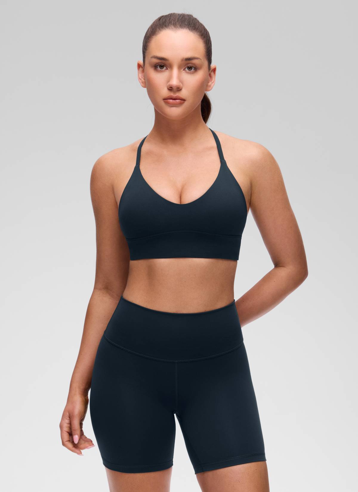 CRZ YOGA Women's Butterluxe Yoga V Neck Cross Back Longline Sports Bra True Navy @model_info:Brooklyn