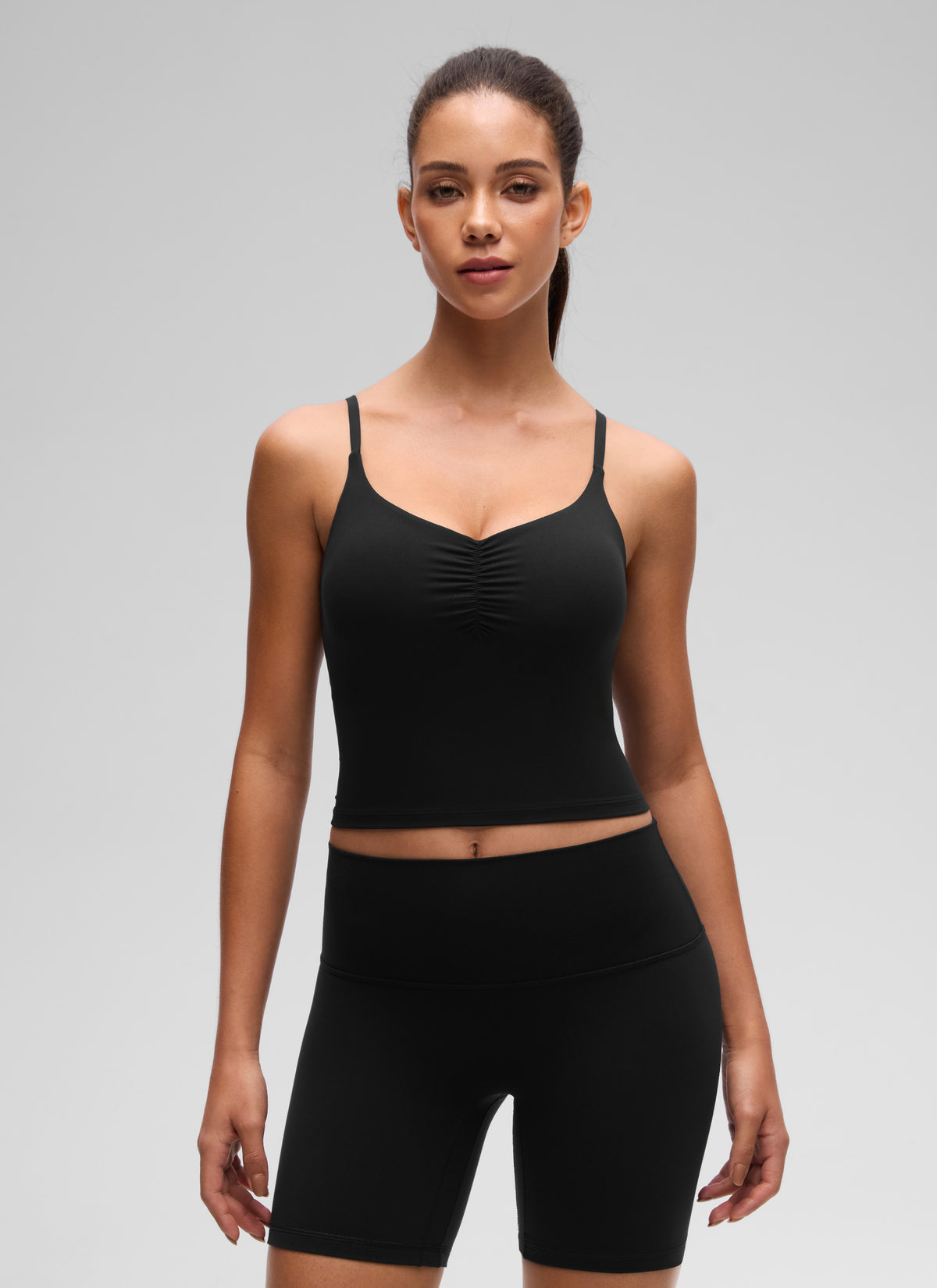 CRZ YOGA Women's Butterluxe Yoga Ruched V Neck U Back Crop Padded Tank Black @model_info:E