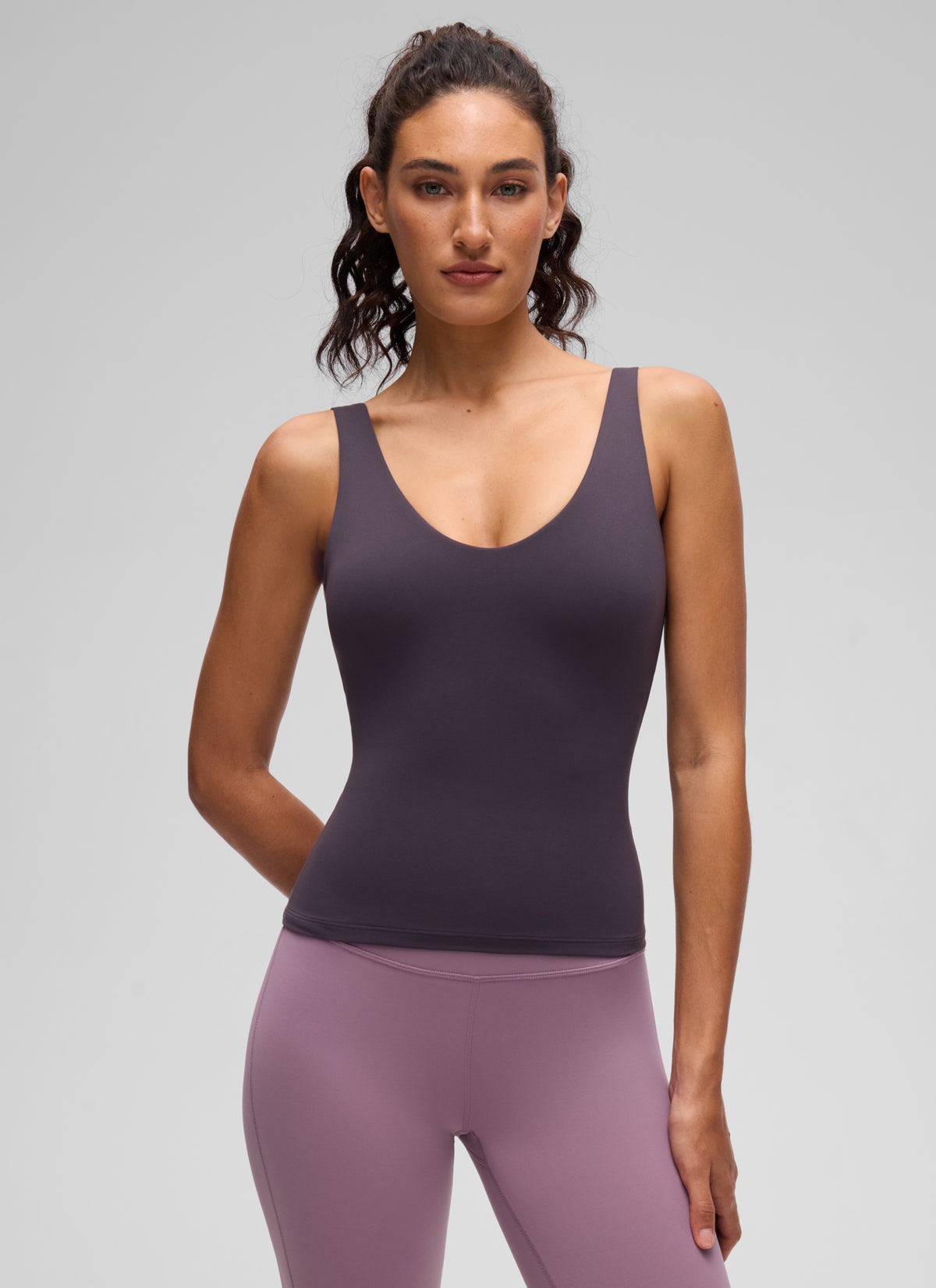 CRZ YOGA Women's Butterluxe V Neck U back Wide Strap Built in Bra Tank Atmosphere Purple @model_info:V