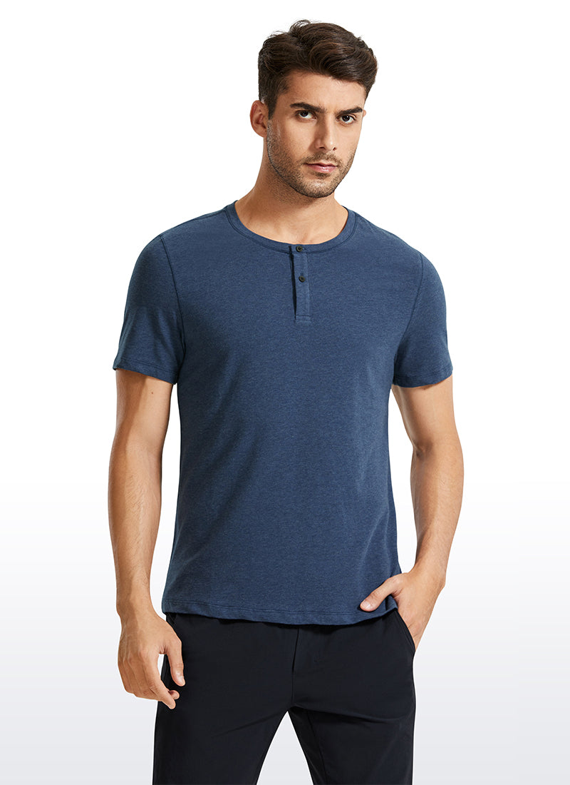 CRZ YOGA Men's Classic Fit Shirts Pima Cotton Henley Short Sleeves Pure Blue