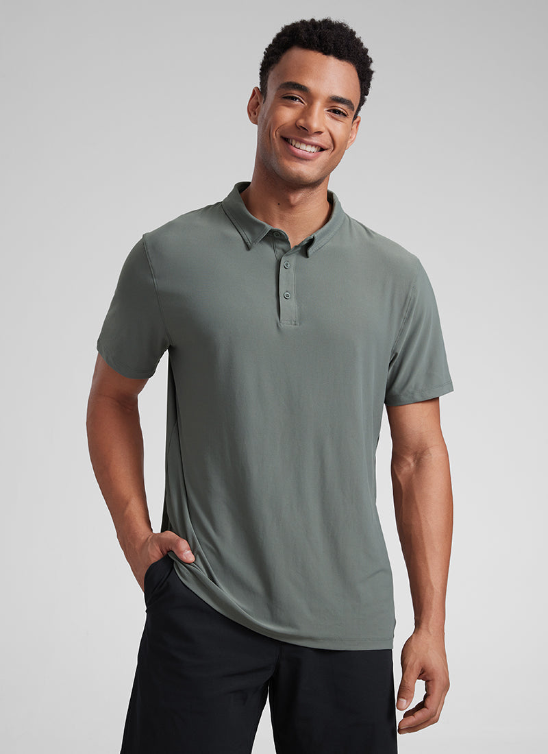 CRZ YOGA Men's Cloudweight Moisture Wicking Polo Short Sleeve Grey Sage