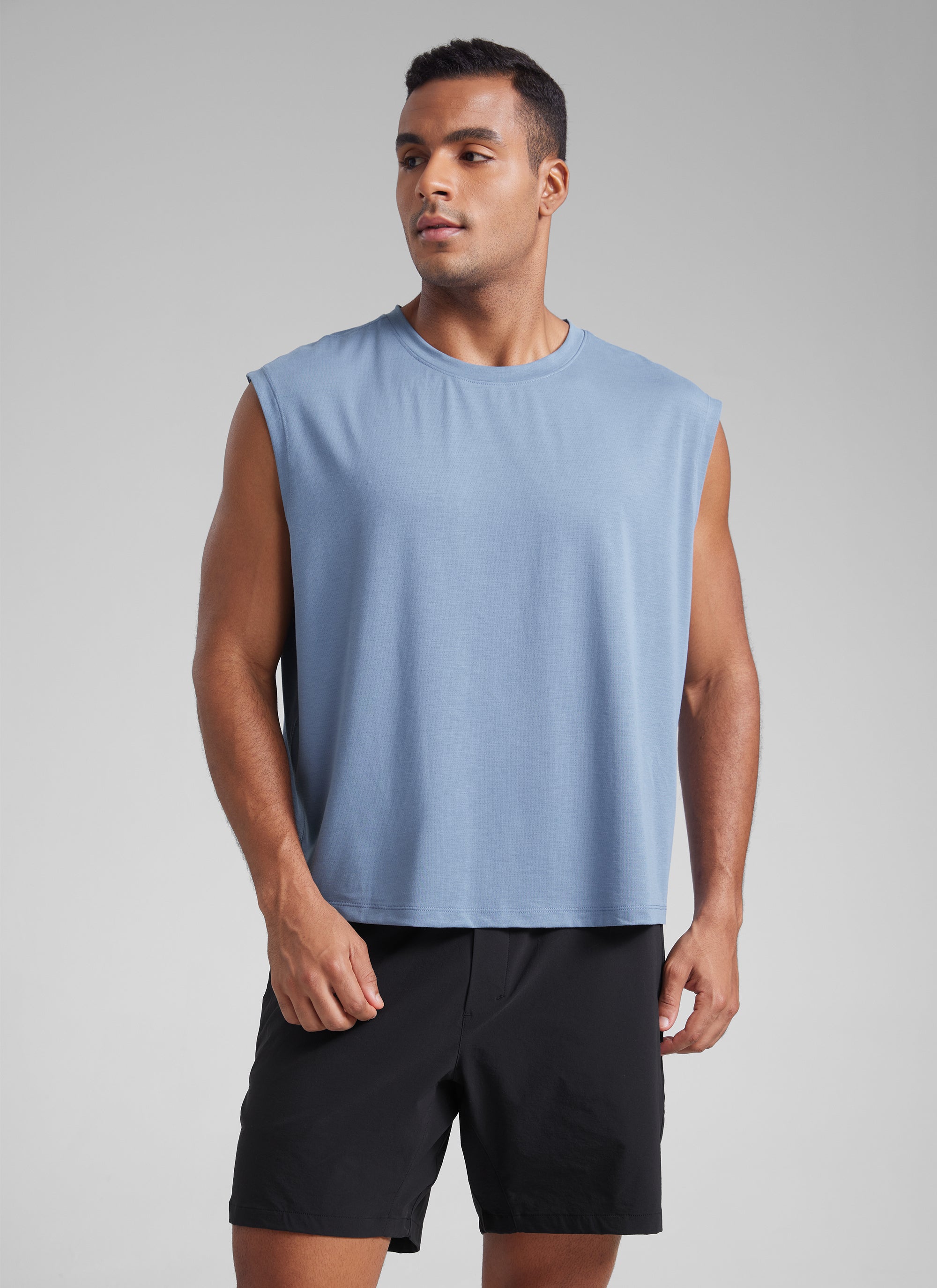 CRZ YOGA Men's Mesh Quick Dry Workout Relaxed Fit Tank Tops Sleeveless Slate Blue