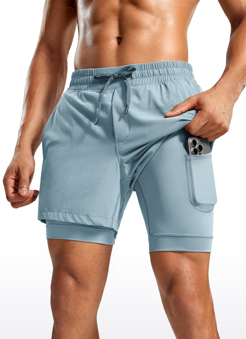 CRZ YOGA Men's Train Relaxed Fit Feathery-Fit 2 in 1 Shorts 5'' with Long Liner Light grayish blue
