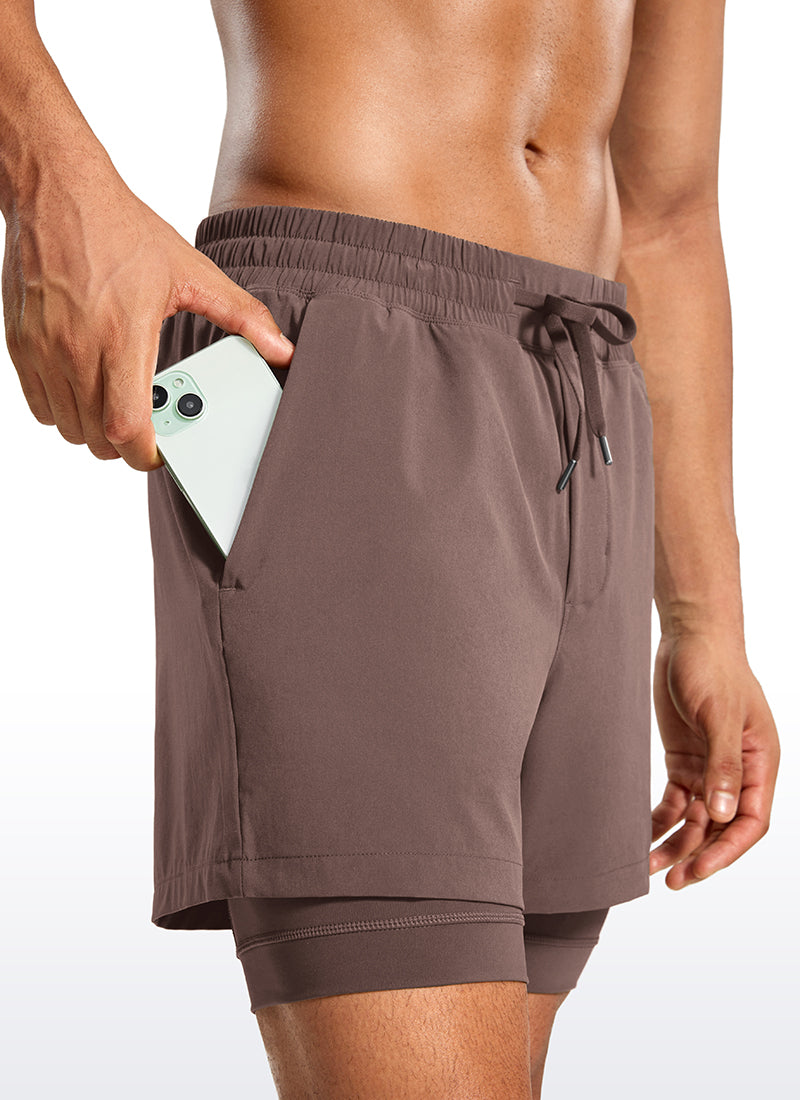 CRZ YOGA Men's Train Relaxed Fit Feathery-Fit 2 in 1 Shorts 5'' with Long Liner Brown Rock