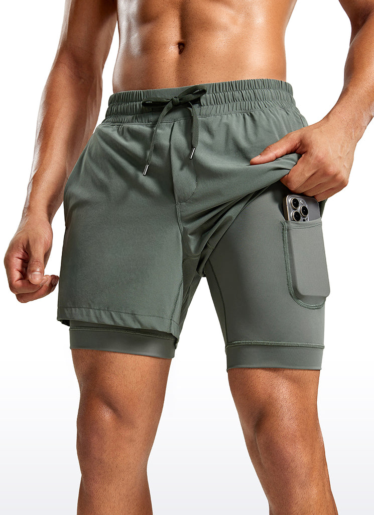CRZ YOGA Men's Train Relaxed Fit Feathery-Fit 2 in 1 Shorts 5'' with Long Liner Grey Sage