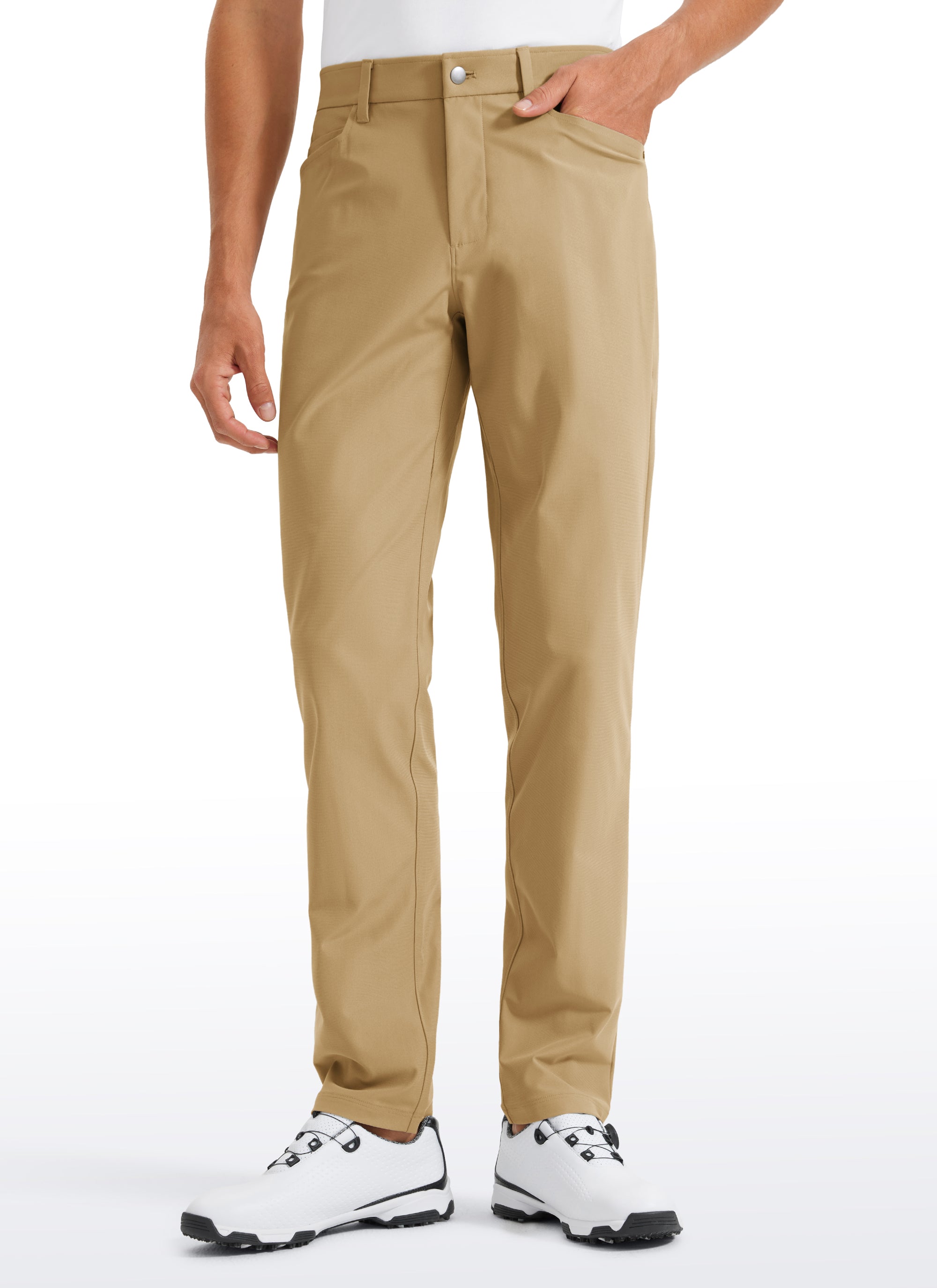 CRZ YOGA Mens Work Slim Fit All-Day Comfort Golf Pants 5 Pockets 32'' Khaki Sand