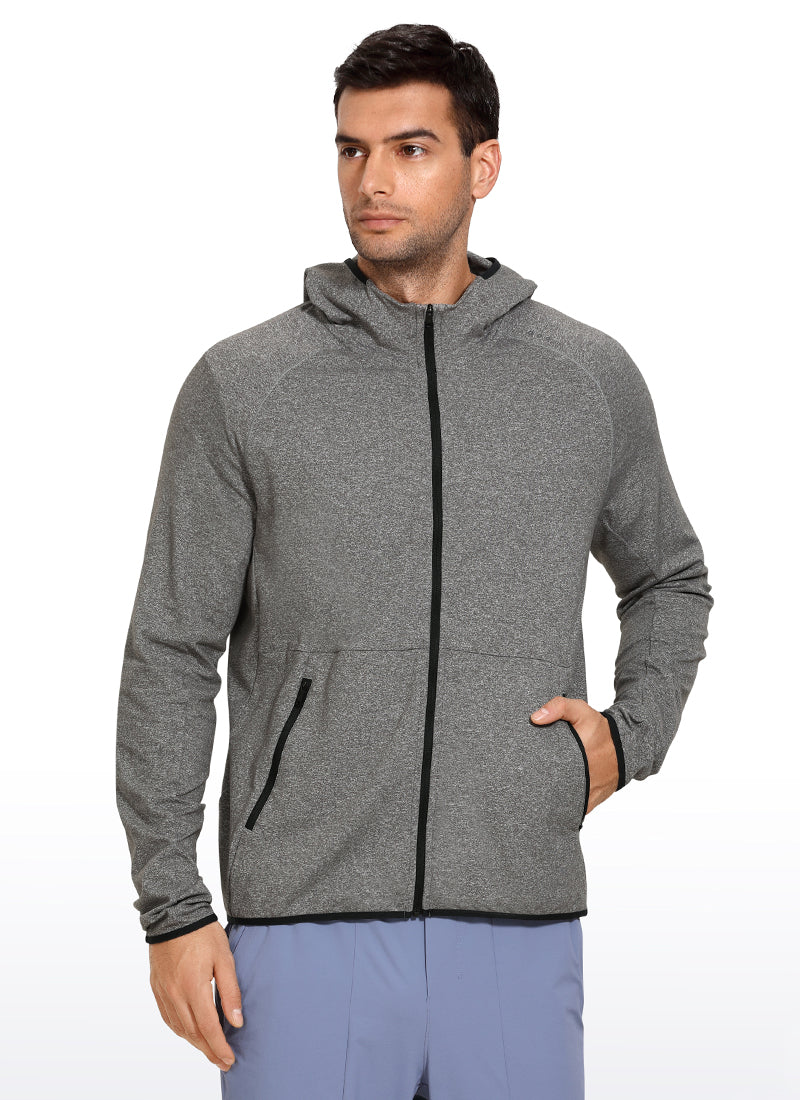 CRZ YOGA Men's Run Classic Fit Outerwear Brushed Full Zip Hoodie Black Heather