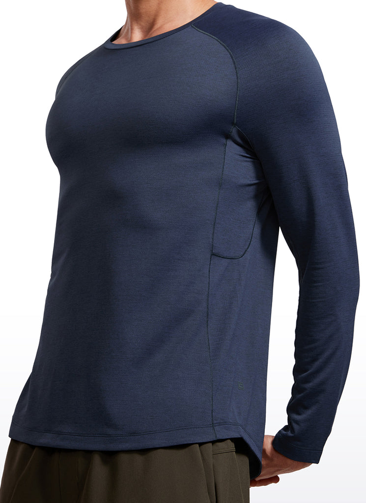 CRZ YOGA Men's Train Slim Fit Lightweight Rounded Scallop Long Sleeves Chambray Blue Heather