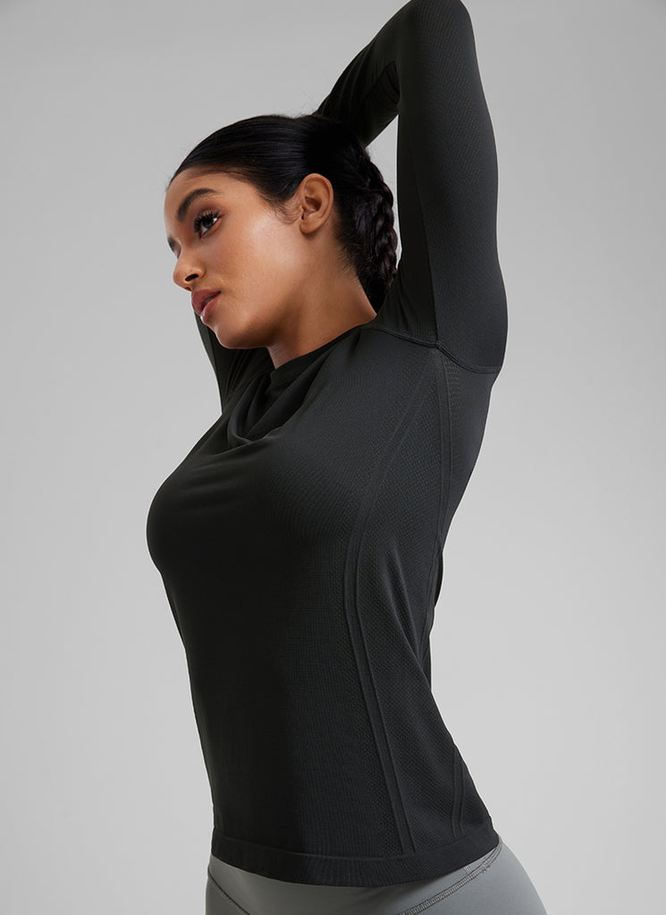 CRZ YOGA Women Seamless Workout Crew Neck Long Sleeve Shirts Black