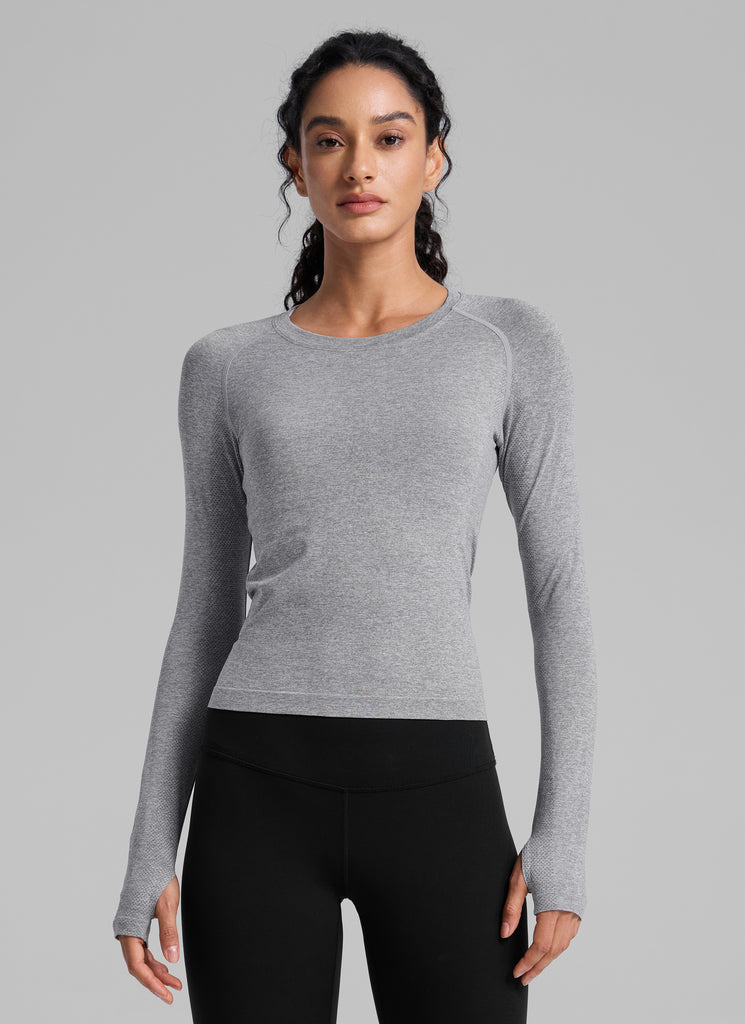 CRZ YOGA Women's Running Quick Dry Shirts Seamless Long Sleeves Grey Sage