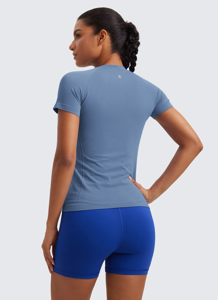 CRZ YOGA Women's Running Classic Fit Shirts Seamless Short Sleeves Green Palm Court