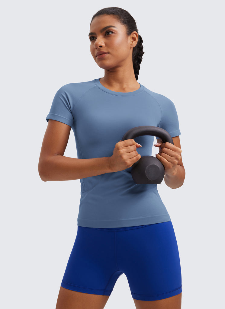 CRZ YOGA Women's Running Classic Fit Shirts Seamless Short Sleeves Green Palm Court