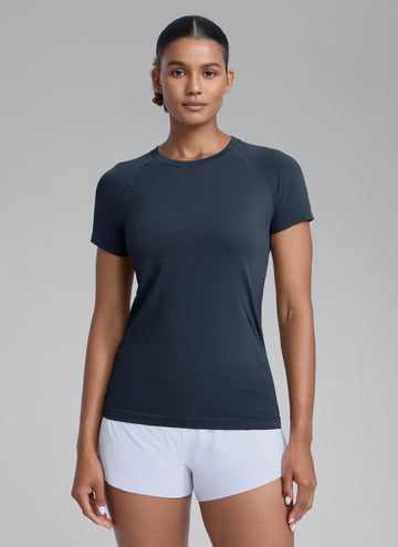 CRZ YOGA Women's Running Classic Fit Shirts Seamless Short Sleeves Twilight Blue